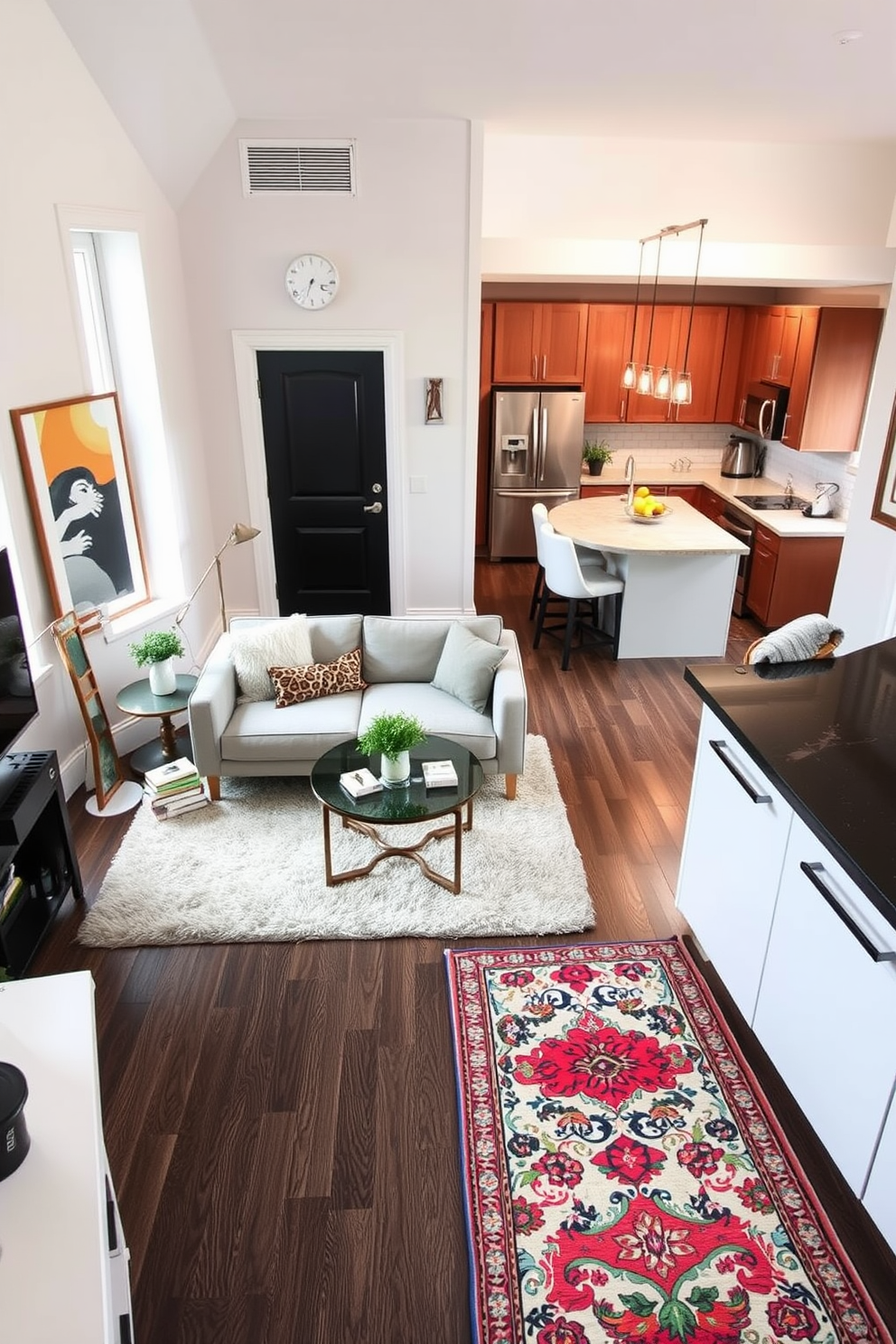 A stylish 500 square foot apartment features distinct areas defined by elegant rugs. The living space includes a plush area rug that anchors a cozy seating arrangement, while a vibrant kitchen runner adds color and flow to the cooking area.