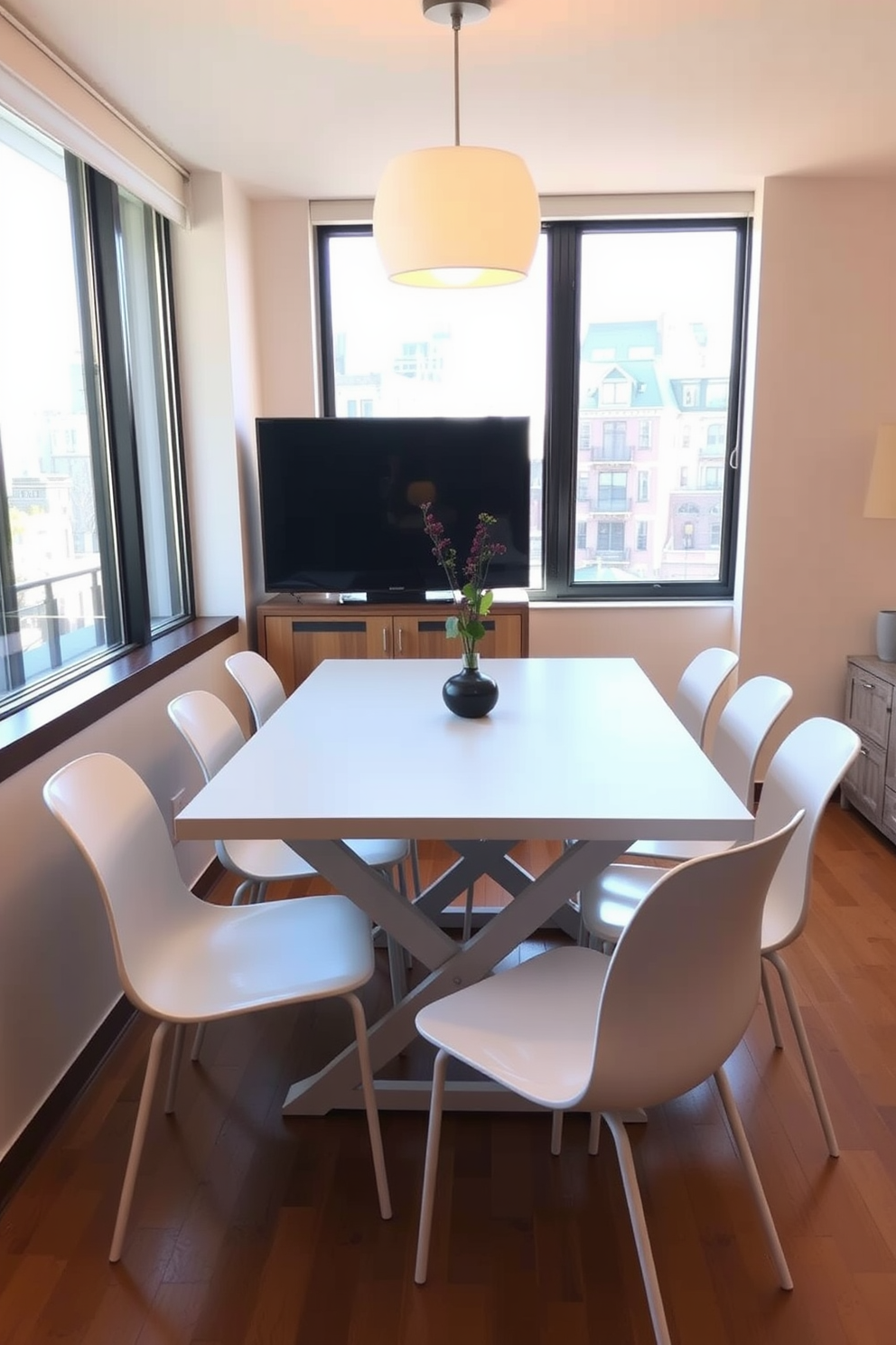 A modern apartment layout featuring an open concept living area that seamlessly connects to a stylish kitchen. The walls are painted in soft gray, while large windows allow natural light to flood the space, enhancing the sense of openness. In the living area, a plush sectional sofa is arranged around a sleek coffee table, with a large abstract painting as a focal point. The kitchen boasts a central island with bar stools, complemented by stainless steel appliances and minimalist cabinetry. Strategically placed mirrors reflect light and create depth, making the space feel larger than its 500 square feet. Decorative elements like indoor plants and chic lighting fixtures add personality and warmth to the apartment.