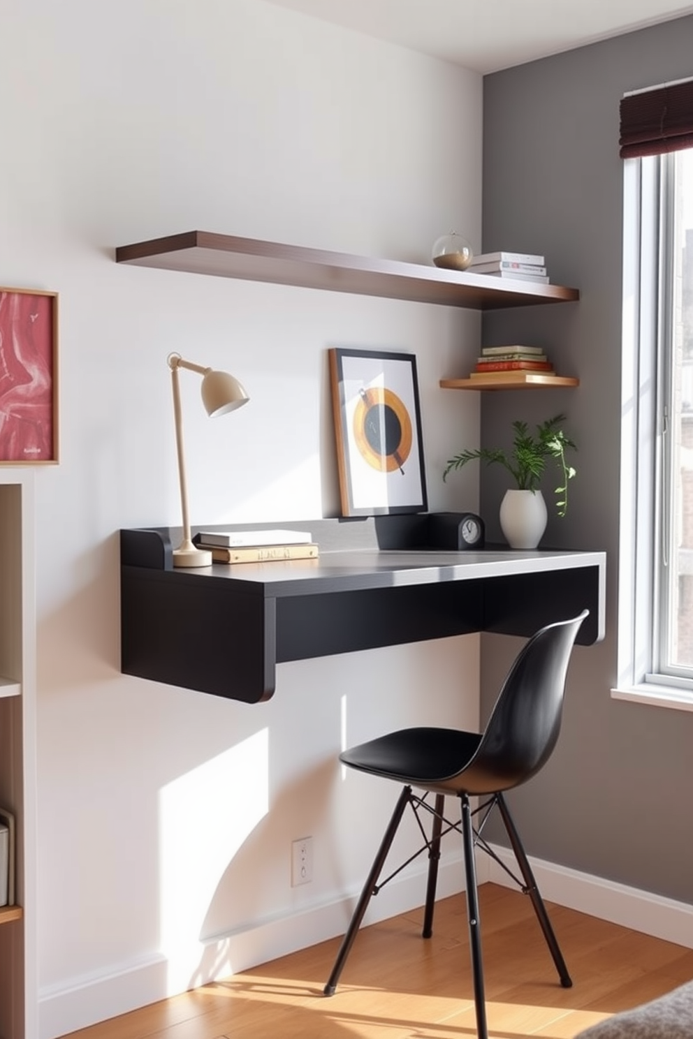 A modern wall-mounted desk is seamlessly integrated into a compact workspace within a 500 square foot apartment. The desk features sleek lines and a minimalist design, complemented by floating shelves above for additional storage and decor. Natural light floods the area through a large window, enhancing the bright and airy atmosphere. A stylish chair with a pop of color adds a touch of personality to the functional space.