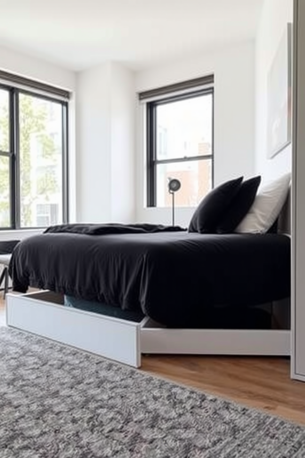 A modern apartment design featuring built-in storage under the bed. The storage is seamlessly integrated into the bed frame, providing a clean and minimalist look while maximizing space in the 500 square foot apartment. The walls are painted in a soft neutral tone, enhancing the sense of openness. Natural light floods the room through large windows, highlighting the sleek lines and functional design of the furniture.