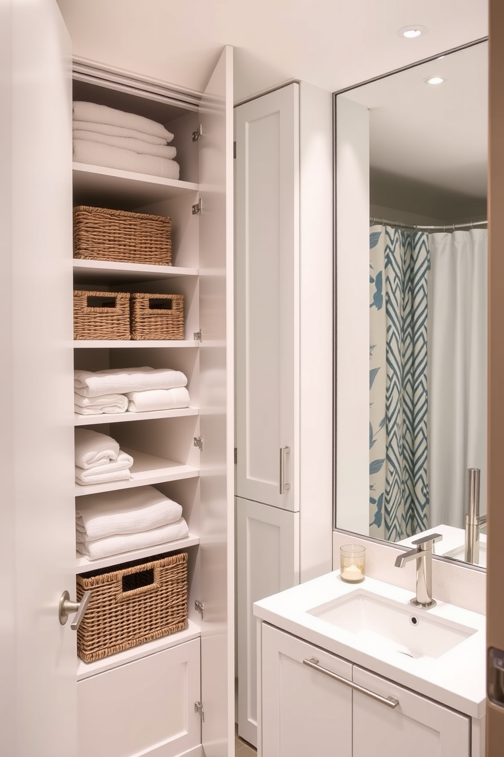 A linen closet is seamlessly integrated into the wall space of a 5x5 bathroom, featuring sleek white cabinetry with brushed nickel handles. The closet is organized with neatly folded towels and storage baskets, enhancing the room's functionality and aesthetic appeal. The bathroom showcases a modern design with a compact layout, including a floating vanity and a large mirror that creates an illusion of space. Soft lighting illuminates the area, while a stylish shower curtain adds a pop of color to the otherwise neutral palette.