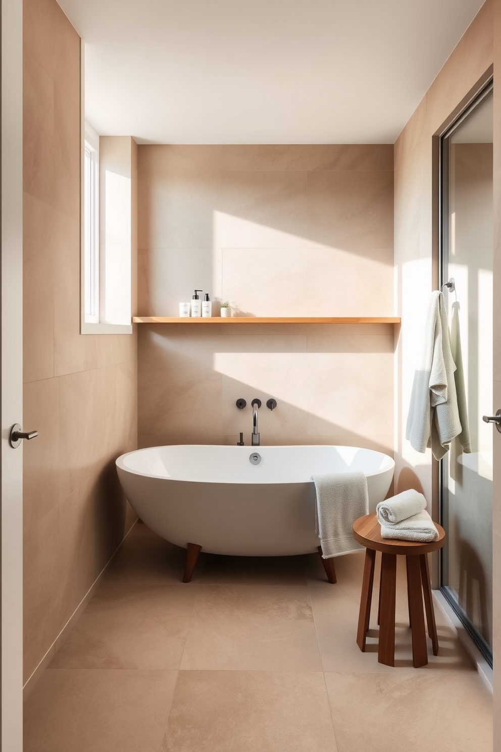 A serene bathroom oasis featuring a small freestanding tub positioned in the center for relaxation. Surrounding the tub, elegant tiles in soft earth tones create a calming atmosphere, complemented by natural light streaming in from a nearby window. The walls are adorned with subtle textures, enhancing the cozy feel of the space. A minimalist wooden shelf holds neatly arranged bath essentials, while plush towels hang invitingly nearby.