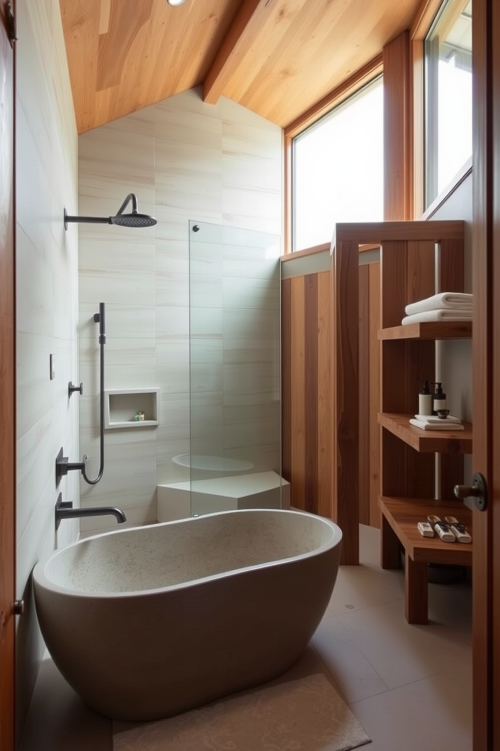 A stylish 5x5 bathroom design featuring a modern towel warmer mounted on the wall for added comfort and convenience. The space includes a sleek white pedestal sink and a compact shower area with glass doors, complemented by soft ambient lighting. The walls are adorned with elegant subway tiles in a soft gray hue, while the floor showcases a chic mosaic pattern. A small wooden shelf above the sink holds neatly rolled towels, and a potted plant adds a touch of freshness to the room.