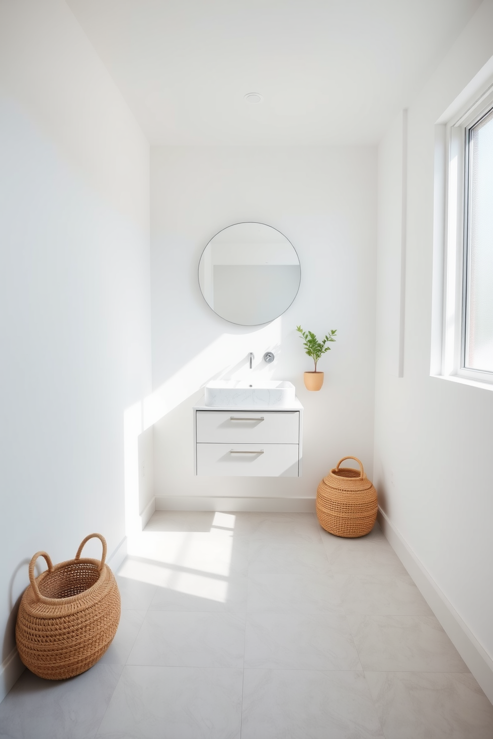 A bright and airy 5x5 bathroom featuring a light color palette. The walls are painted in soft white, complemented by light gray tiles on the floor. A sleek floating vanity with a quartz countertop houses a single sink. Above the vanity, a round mirror with a minimalist frame enhances the spacious feel of the room. Natural light floods in through a frosted window, illuminating the space. Decorative plants in woven baskets add a touch of greenery and warmth.