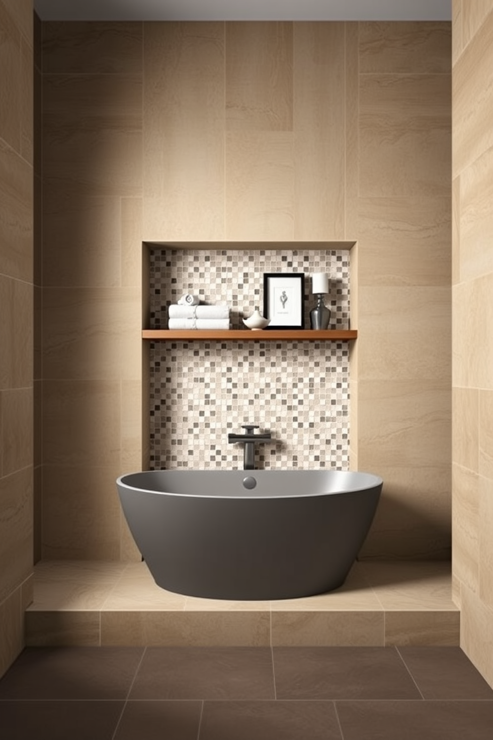 A modern bathroom design featuring a sleek white bathtub with a freestanding faucet positioned beside it. The walls are adorned with soft gray tiles, and a small laundry hamper is discreetly placed in the corner, complementing the overall aesthetic. The vanity showcases a minimalist design with a light wood finish and a large round mirror above it. Soft lighting illuminates the space, while a plush rug in neutral tones adds warmth to the floor.