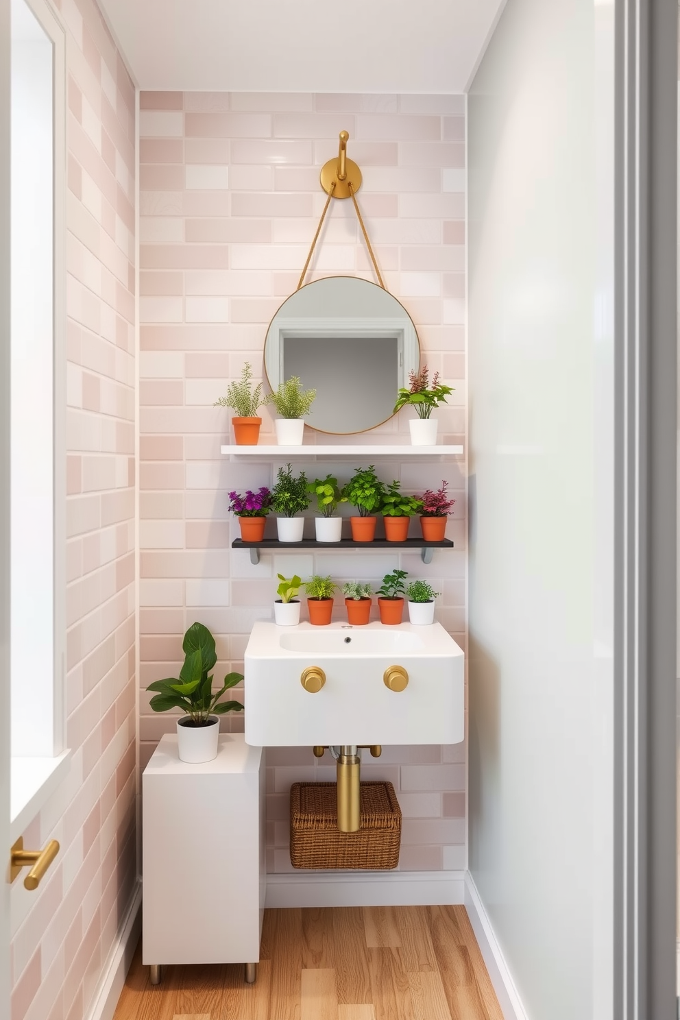 A charming 5x5 bathroom design featuring small potted plants for a touch of greenery. The walls are adorned with soft pastel tiles, and a sleek floating shelf displays an array of vibrant potted herbs. A compact vanity with a round mirror hangs above, complemented by stylish gold fixtures. The floor is covered with light wood tiles, creating a warm and inviting atmosphere.