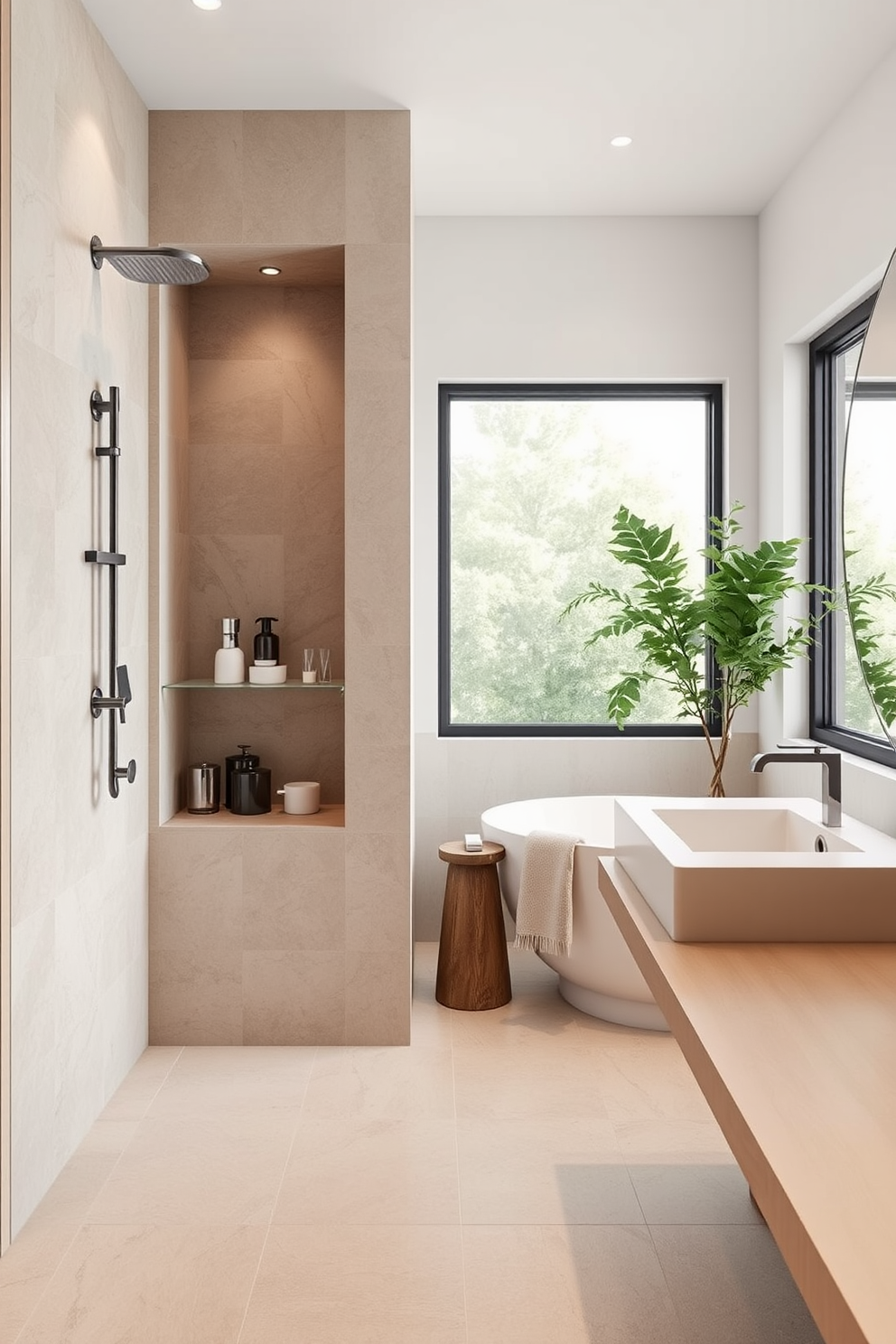 A sleek bathroom design featuring a spacious shower niche designed for toiletries storage. The niche is elegantly tiled and seamlessly integrated into the wall, providing both functionality and style. The overall layout includes a modern freestanding bathtub positioned near a large window that allows natural light to flood the space. Soft neutral tones dominate the color palette, complemented by stylish fixtures and lush greenery for a serene atmosphere.