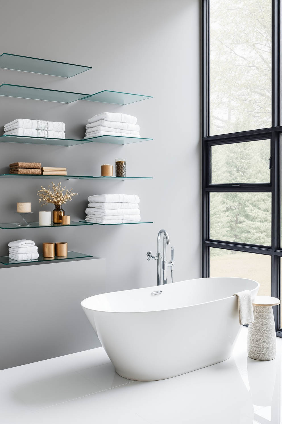 A modern 5x5 bathroom design featuring a built-in niche for toiletries. The walls are adorned with sleek white tiles, while the floor showcases a geometric black and white pattern. In the center, a compact vanity with a quartz countertop holds a single sink. Above the vanity, a round mirror with a minimalist frame reflects the warm ambient lighting. To the side, the built-in niche is elegantly integrated into the wall, displaying neatly arranged toiletries. A soft, plush towel is draped over the edge of the vanity, adding a touch of comfort to the space.