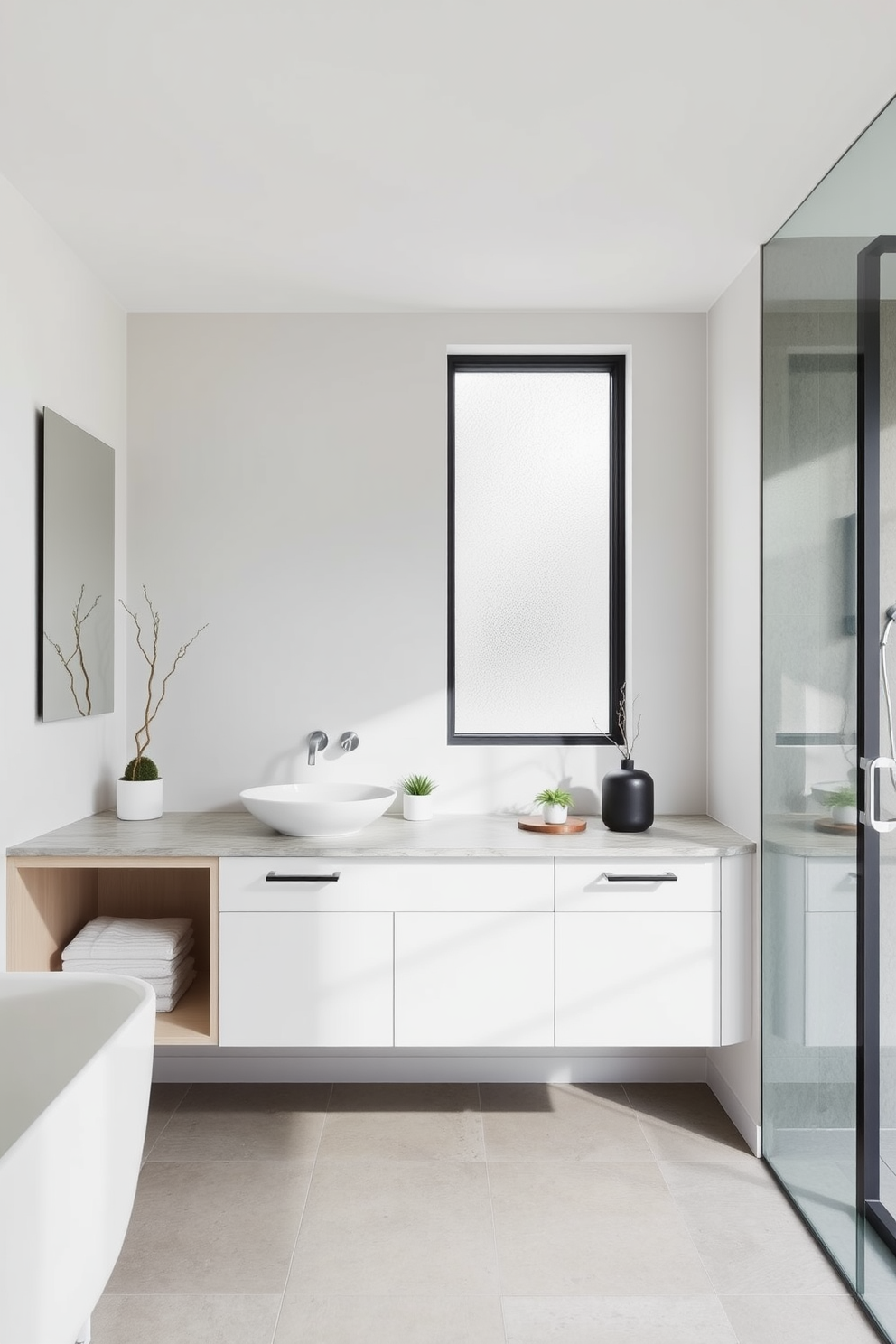 A serene 5x5 bathroom design featuring light-colored walls that create an airy atmosphere. The floor is adorned with soft white tiles, complemented by a sleek floating vanity in a pale wood finish. Above the vanity, a large round mirror reflects natural light, enhancing the spacious feel of the room. Soft, fluffy towels in pastel hues are neatly arranged on a stylish towel rack. In one corner, a delicate potted plant adds a touch of greenery and freshness. The shower area is enclosed with clear glass, showcasing a minimalist design with a light gray tile backdrop.