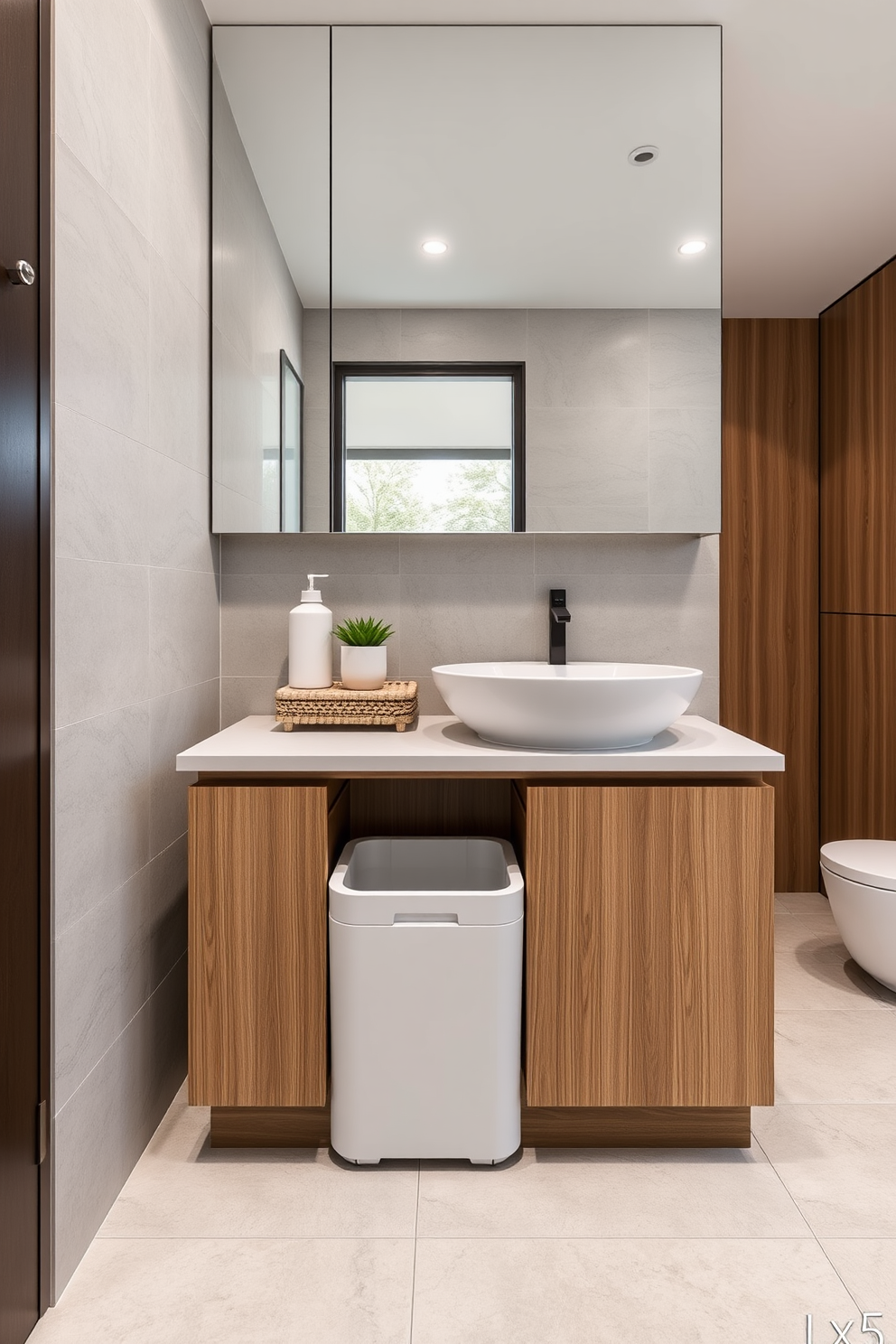 A compact laundry hamper is seamlessly integrated into the cabinetry of the bathroom. The design features sleek lines and a minimalist aesthetic, ensuring functionality without sacrificing style. The bathroom showcases a harmonious blend of soft gray tiles and warm wooden accents. A large mirror above the sink reflects natural light, enhancing the overall spacious feel of the 5x5 layout.