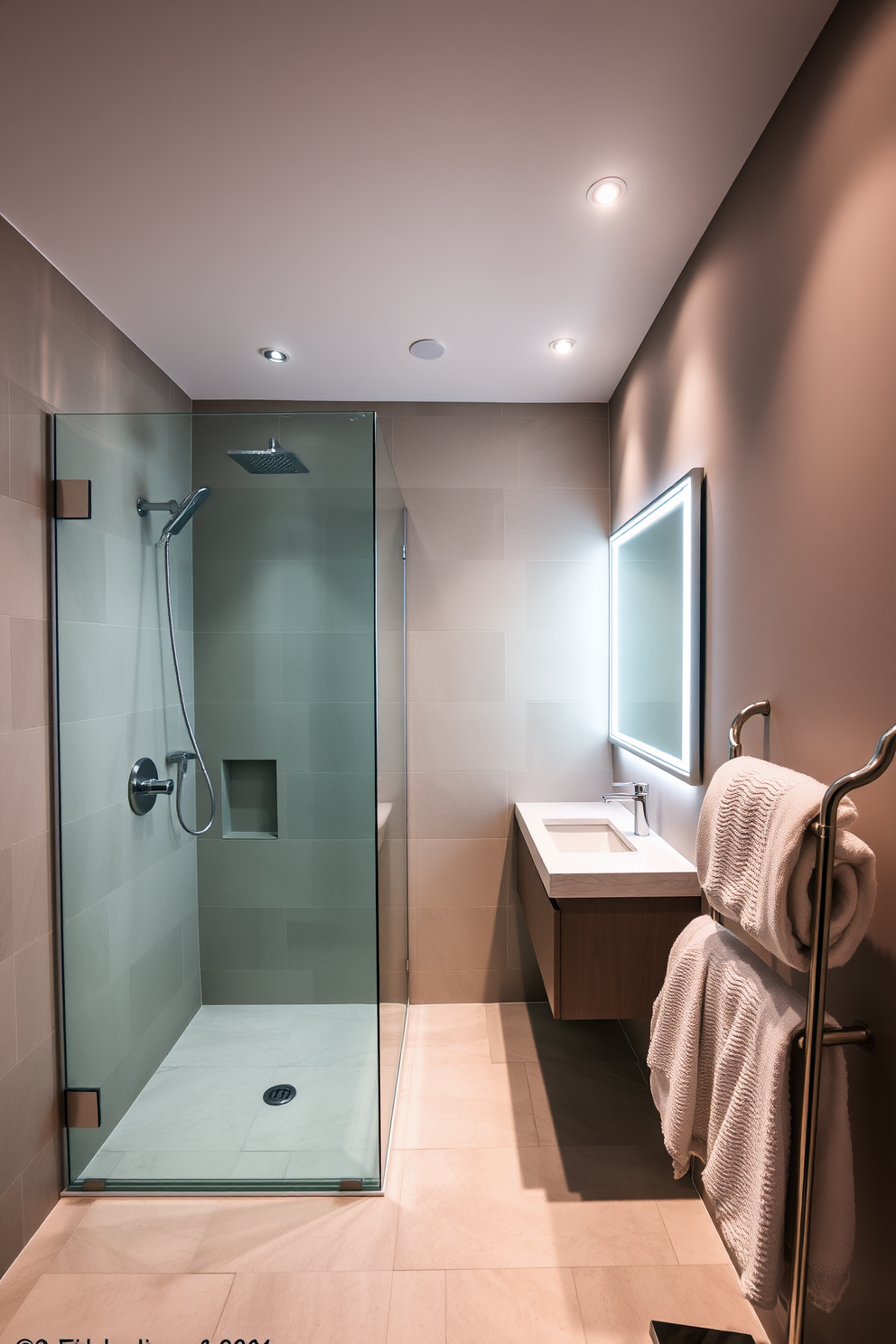 A contemporary bathroom featuring a sleek glass shower enclosure with chrome fixtures. The space is illuminated by recessed lighting that creates a warm ambiance, highlighting the elegant tile work on the walls and floor. The centerpiece is a floating vanity with a quartz countertop and a large backlit mirror. Soft gray walls complement the minimalist decor, while plush towels are neatly arranged on a stylish rack.