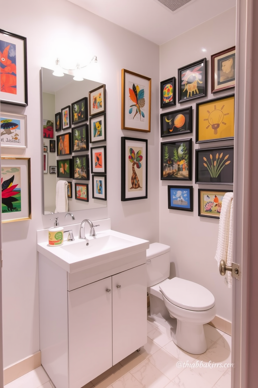 A vibrant 5x5 bathroom design featuring an array of colorful artwork and framed prints that add personality to the space. The walls are adorned with various sizes of framed art, showcasing abstract designs and nature themes, creating a lively and inviting atmosphere. The bathroom includes a sleek white vanity with a modern sink and polished chrome fixtures. A large mirror above the vanity reflects the artwork, enhancing the room's brightness and visual appeal.