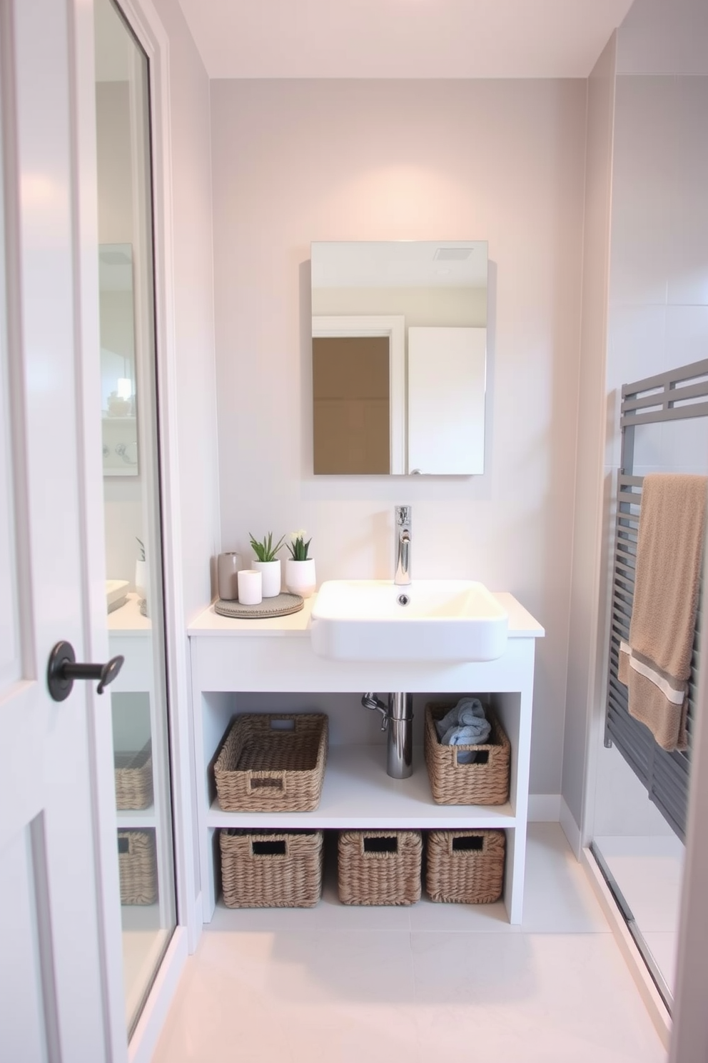 A minimalist bathroom design featuring a sleek white vanity with a single basin and a large frameless mirror above it. The walls are painted in a soft gray hue, complemented by a light wooden floor that adds warmth to the space. Incorporate a walk-in shower with clear glass doors and a rainfall showerhead. The decor is kept to a minimum, with a small potted plant on the vanity and a neatly folded white towel on a wooden shelf. Utilize built-in storage solutions to maintain a clutter-free environment. The overall aesthetic emphasizes simplicity and functionality, creating a serene atmosphere. Consider a floating toilet and a minimalist bathtub for added elegance. Soft, ambient lighting enhances the tranquil vibe of the bathroom. Use natural materials like stone and wood to connect the space with nature. The color palette remains neutral, focusing on whites, grays, and soft earth tones for a cohesive look.