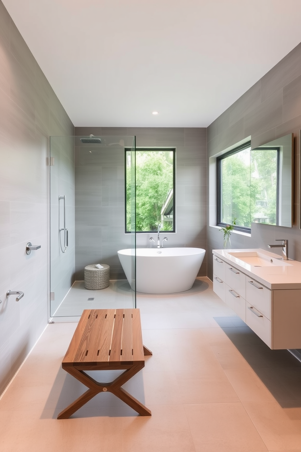 A modern bathroom featuring a folding shower bench made of teak wood for convenience and comfort. The space is designed with sleek lines, incorporating a glass shower enclosure and minimalist fixtures for a clean aesthetic. The walls are adorned with large format tiles in a soft gray hue, complemented by a white freestanding tub positioned under a large window. A floating vanity with dual sinks and ample storage provides functionality while maintaining an open and airy feel.