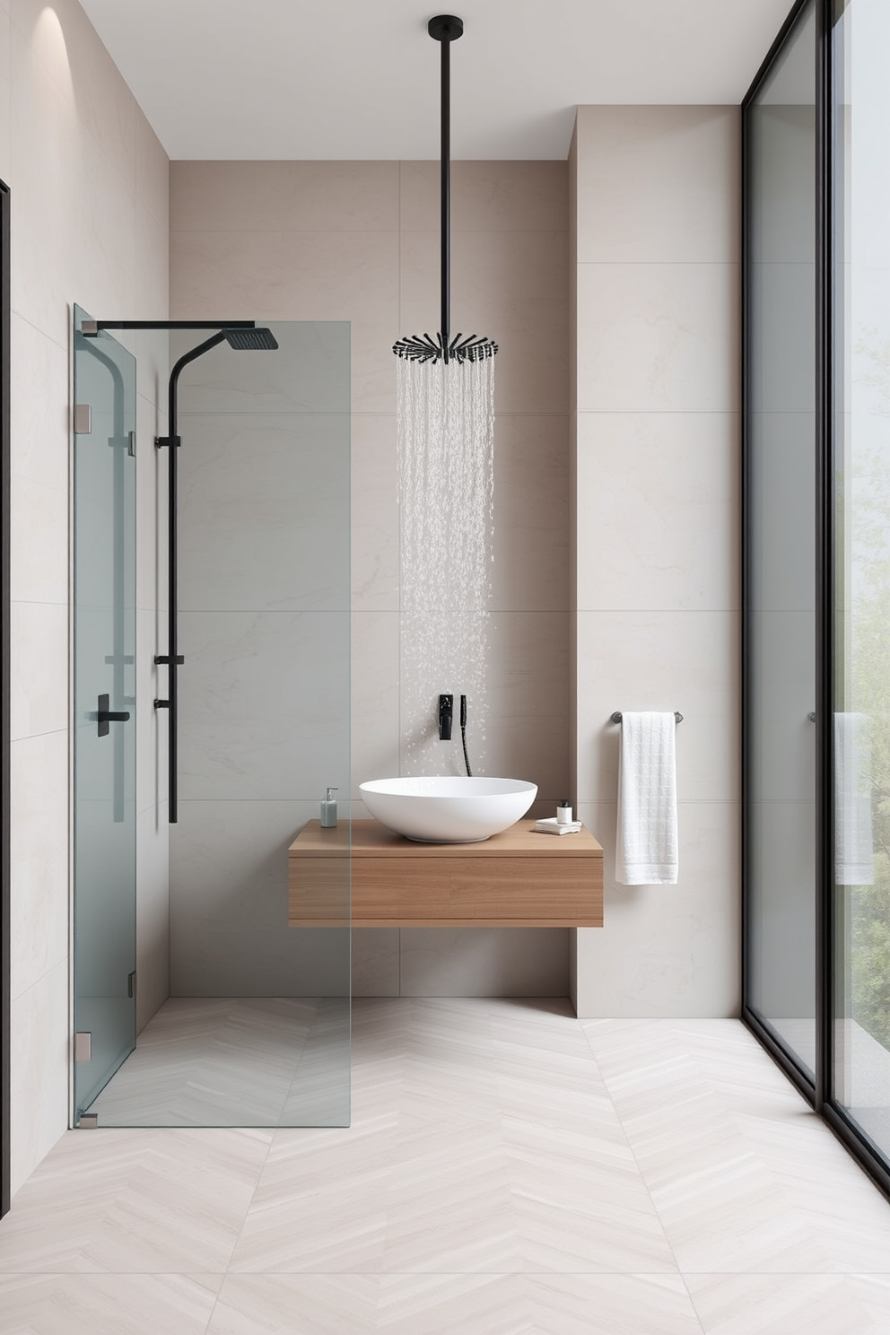 A modern bathroom design featuring an adjustable showerhead that allows for versatile water flow options. The space includes a sleek glass shower enclosure and contemporary fixtures that enhance functionality and style. The walls are adorned with large format tiles in a soft neutral tone, while the floor showcases a geometric pattern for added visual interest. A minimalist floating vanity with a vessel sink provides ample storage and complements the overall aesthetic.