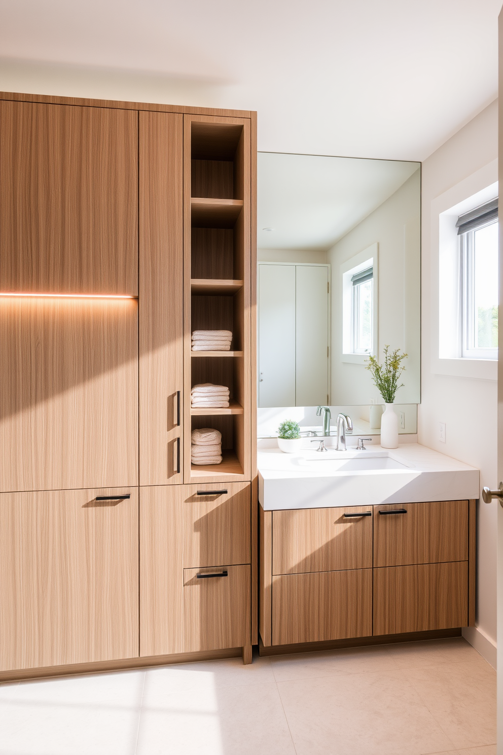 Custom cabinetry designed to fit a unique layout creates a seamless flow in a 5x5 bathroom space. The cabinetry features sleek lines and a mix of open shelves and closed storage, providing both functionality and style. The walls are adorned with soft, neutral tones that enhance the sense of space and light. A large mirror above the vanity reflects the natural light, making the bathroom feel airy and inviting.