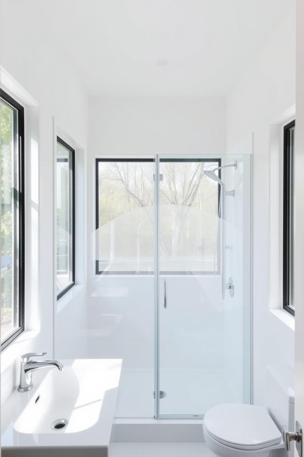 A bright and airy 5x5 bathroom features large windows that allow natural light to flood the space. The walls are painted in a soft white hue, creating a sense of openness and tranquility. The shower area is enclosed with clear glass panels, making the room feel larger and more inviting. Sleek fixtures in polished chrome add a modern touch while complementing the overall bright aesthetic.