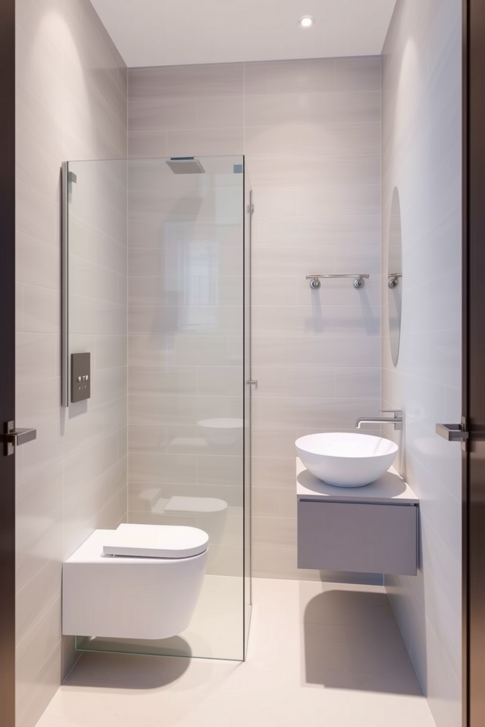 A luxurious 5x5 bathroom featuring a sleek corner shower unit with glass doors and chrome fixtures. The walls are adorned with elegant white tiles, while the floor boasts a stylish gray mosaic pattern. A contemporary wooden vanity with a polished granite countertop sits opposite the shower, complemented by a large round mirror above it. Soft, ambient lighting highlights the space, creating a warm and inviting atmosphere.