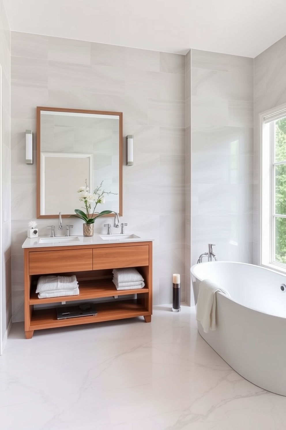 A luxurious bathroom setting featuring a spacious layout with a freestanding soaking tub positioned near a large window. The walls are adorned with soft gray tiles, and the floor is finished with elegant marble. A stylish wooden vanity with dual sinks is complemented by a large, framed mirror above. To enhance the ambiance, a decorative plant sits on the countertop, while plush towels are neatly arranged nearby. A bathroom scale discreetly hidden under the vanity ensures functionality without compromising aesthetics. The overall design captures a blend of comfort and sophistication, perfect for a serene retreat.