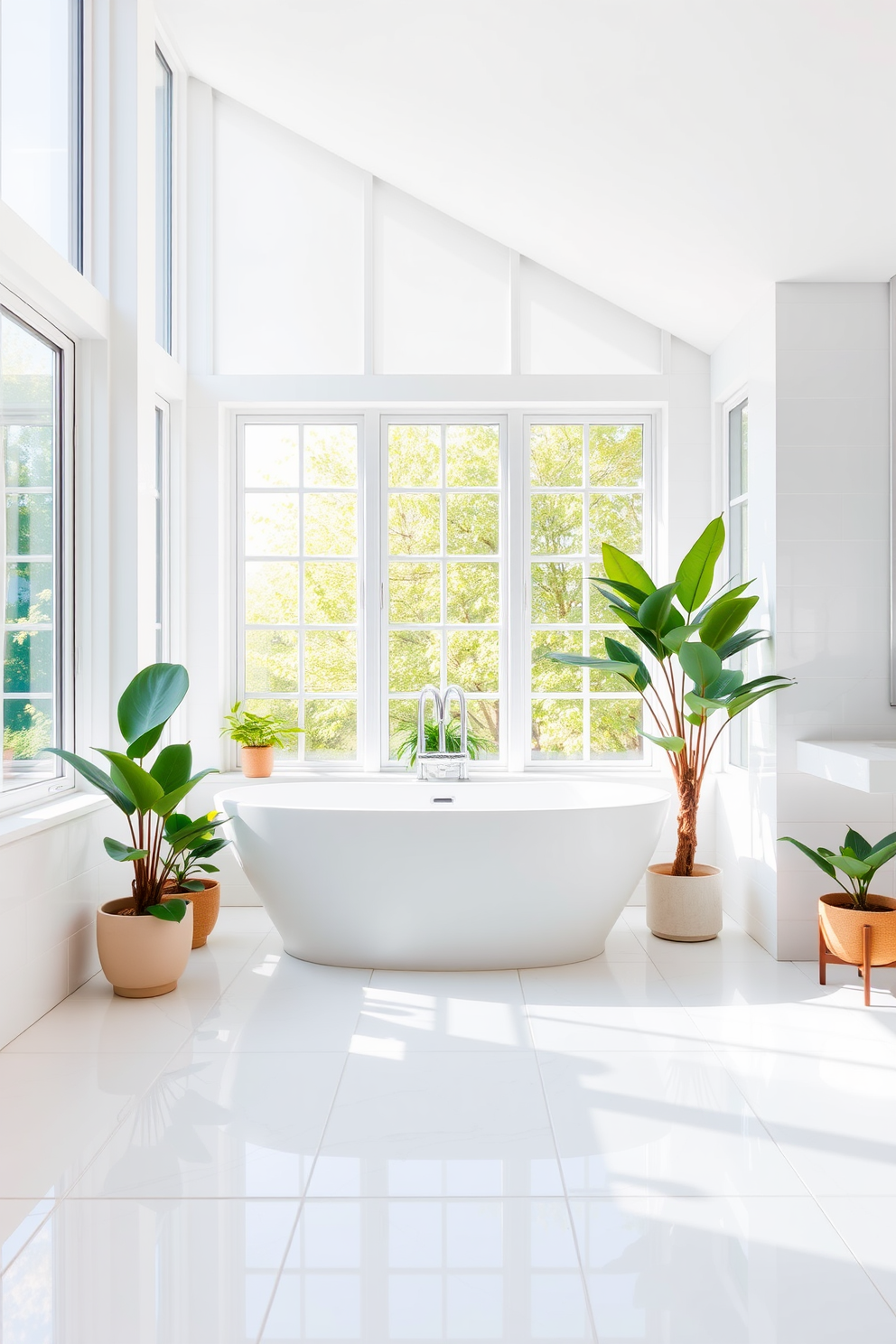 A bright and airy bathroom featuring large windows that allow ample natural light to flood the space. The walls are adorned with bright, glossy tiles in shades of white and soft pastels, creating a fresh and inviting atmosphere. The floor is covered with large, light-colored tiles that reflect the sunlight, enhancing the overall brightness of the room. A modern freestanding bathtub sits in the center, surrounded by potted plants that add a touch of greenery and vibrancy.