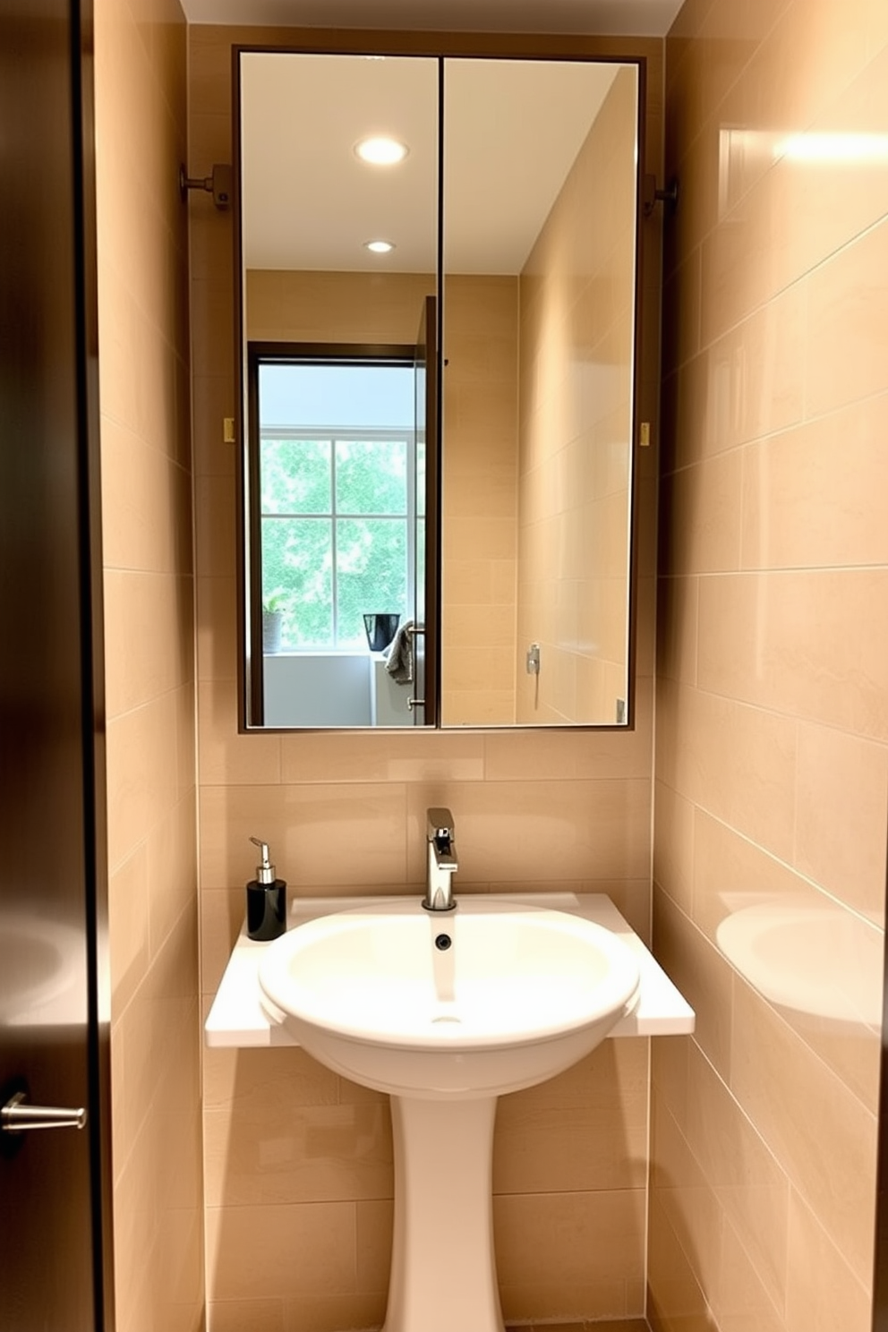 A stylish 5x5 bathroom featuring a sleek mirrored cabinet that enhances both functionality and aesthetics. The walls are adorned with soft beige tiles, creating a warm and inviting atmosphere. Incorporate a compact yet elegant vanity with a polished white sink and a brushed nickel faucet. A large round mirror above the vanity reflects natural light, making the space feel more open and airy.