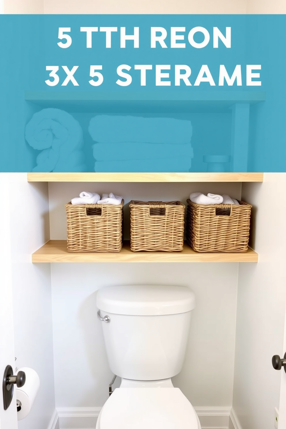 A modern 5x5 bathroom design featuring vertical storage shelves above the toilet. The shelves are crafted from light wood and hold neatly arranged towels and decorative baskets for added organization.