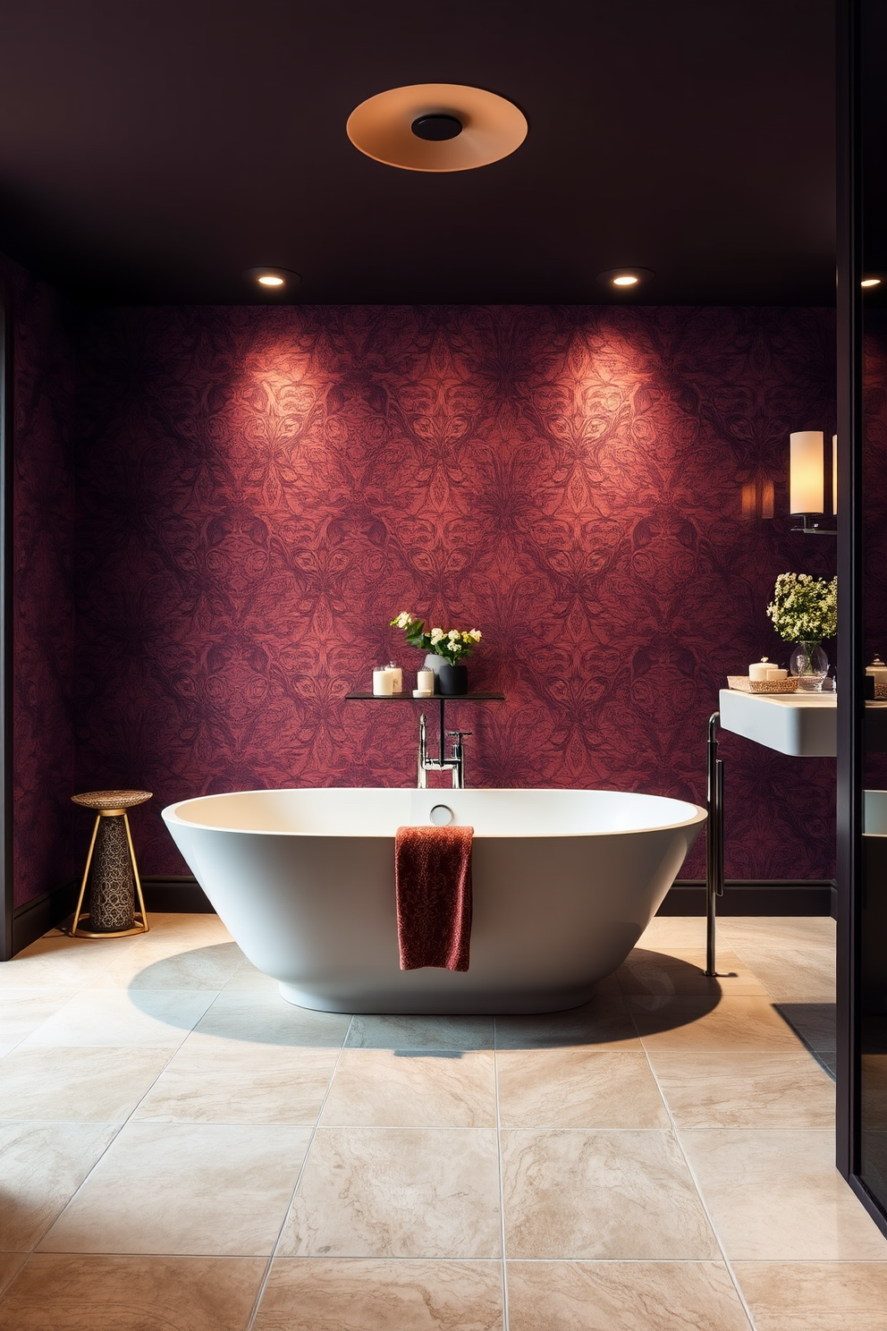 A stunning bathroom featuring a bold accent wall adorned with intricate wallpaper in deep hues. The space is complemented by a sleek freestanding bathtub and elegant fixtures that enhance its luxurious appeal. The flooring is a combination of large format tiles in a neutral tone, providing a beautiful contrast to the vibrant wall. Soft lighting fixtures create a warm ambiance, while decorative elements like candles and plants add a touch of sophistication.