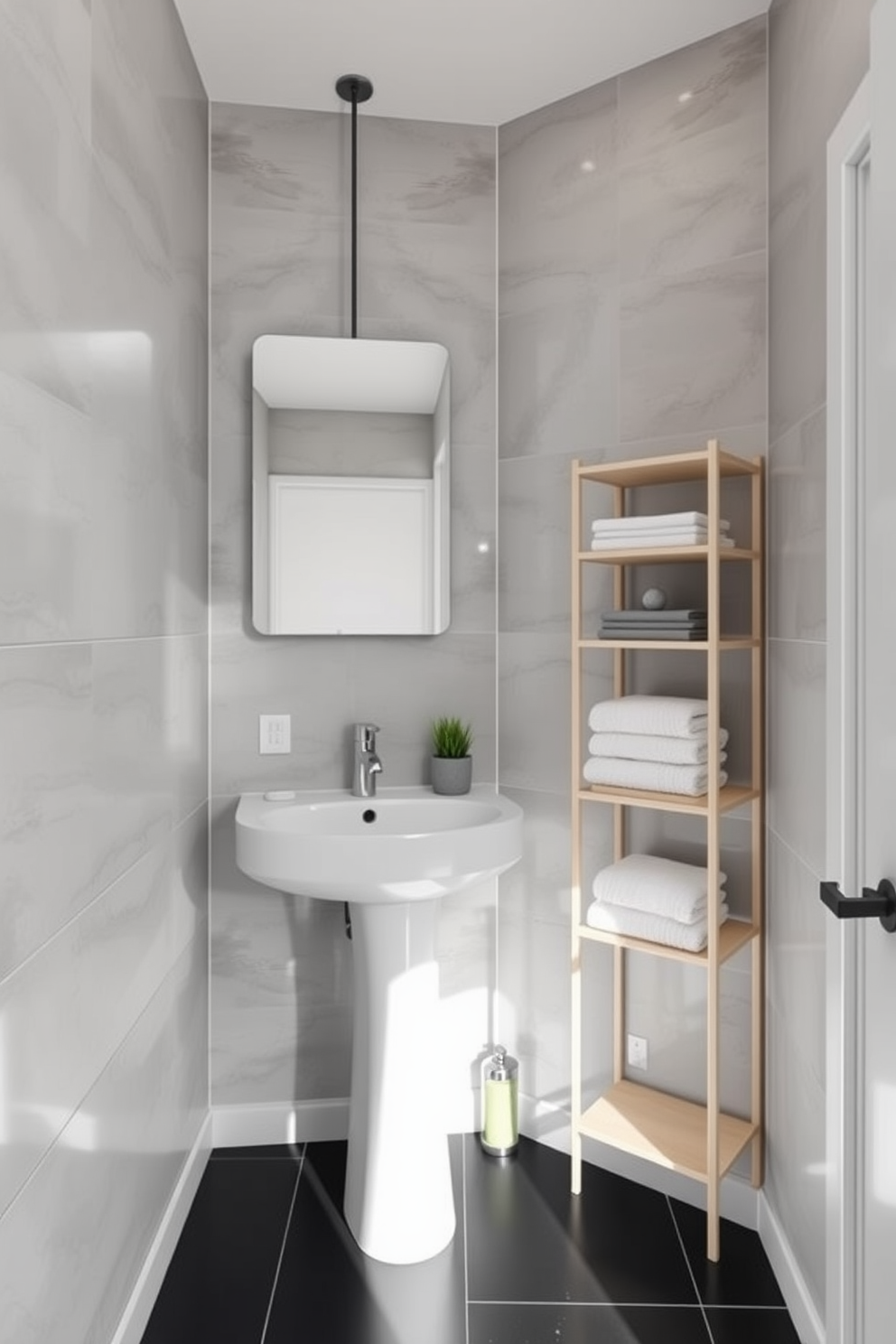 A modern 5x5 bathroom design featuring a skylight that floods the space with natural light. The walls are adorned with textured white tiles, and the floor is finished with sleek gray stone. In the center, a floating vanity with a quartz countertop and an integrated sink offers a contemporary touch. To the right, a spacious walk-in shower with frameless glass doors showcases a rainfall showerhead and elegant tile design.