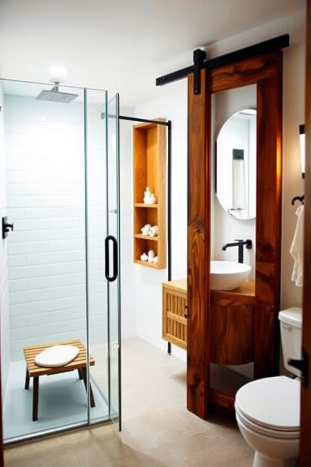 A modern 5x5 bathroom featuring a sliding barn door for easy access. The space includes a sleek corner shower with glass doors and a minimalist vanity with a vessel sink. Warm wood accents contrast with white subway tiles, creating a cozy yet contemporary feel. Soft lighting illuminates the room, enhancing the natural textures and colors throughout.