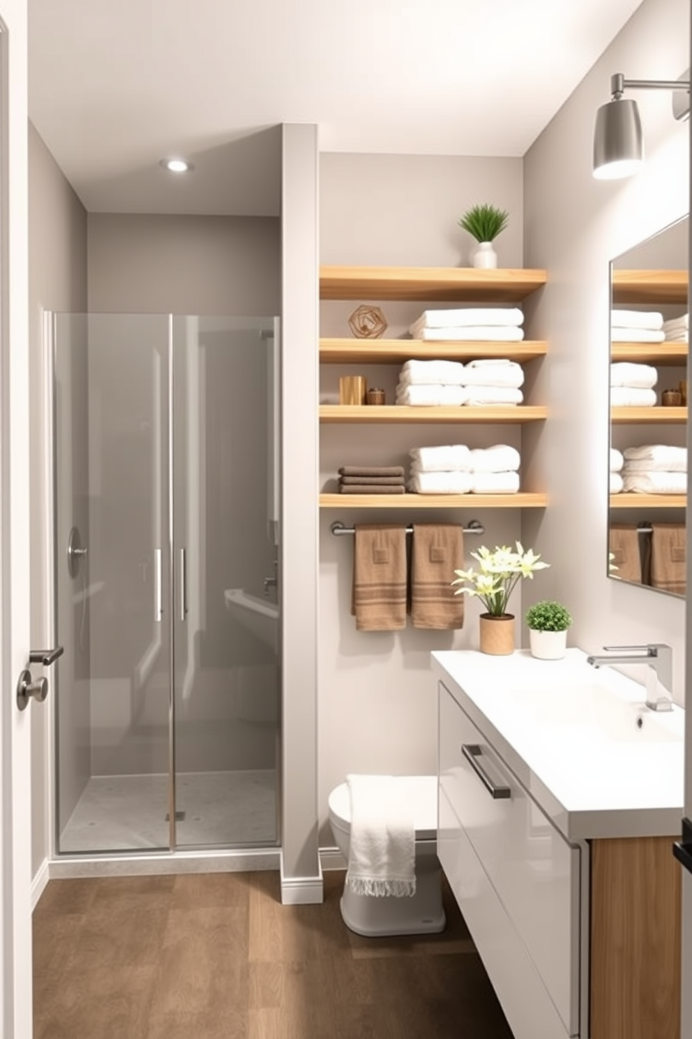 A modern bathroom design featuring a sleek 5x7 layout with maximized vertical storage options. The walls are adorned with floating shelves that display neatly arranged towels and decorative items, creating a clean and organized look. The color palette includes soft grays and whites, complemented by warm wood accents. A spacious shower area with glass doors is positioned opposite the vanity, which has a minimalist design and ample counter space.