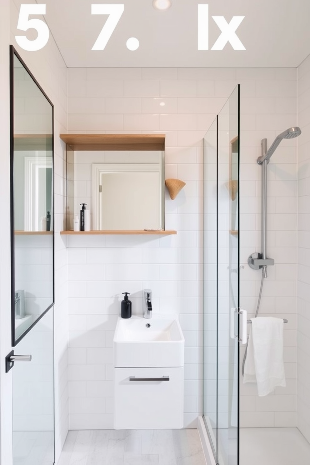 A modern 5x7 bathroom design featuring wall-mounted fixtures for a sleek and efficient look. The space includes a compact vanity with a stylish sink and a large mirror above, enhancing the sense of openness. Incorporate floating shelves for storage and display, maximizing the use of vertical space. The walls are adorned with light-colored tiles that create a bright and airy atmosphere, complemented by a contemporary shower with glass doors.