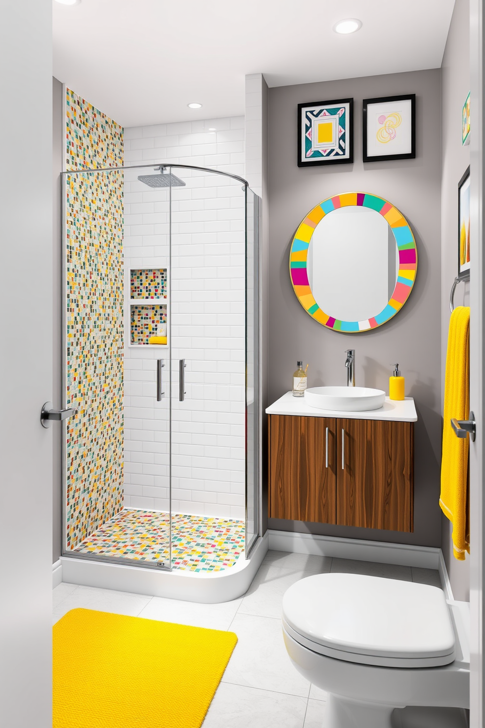 A vibrant 5x7 bathroom design featuring a sleek white shower with colorful mosaic tiles adding a lively touch. The walls are painted in a soft gray to allow the colorful accents to pop, with a bright yellow rug and matching towels for a cheerful atmosphere. The vanity is a modern floating design in a rich walnut finish, topped with a crisp white sink. Above the vanity, a round mirror with a colorful geometric frame reflects the playful spirit of the space, complemented by artful wall decor in bold hues.