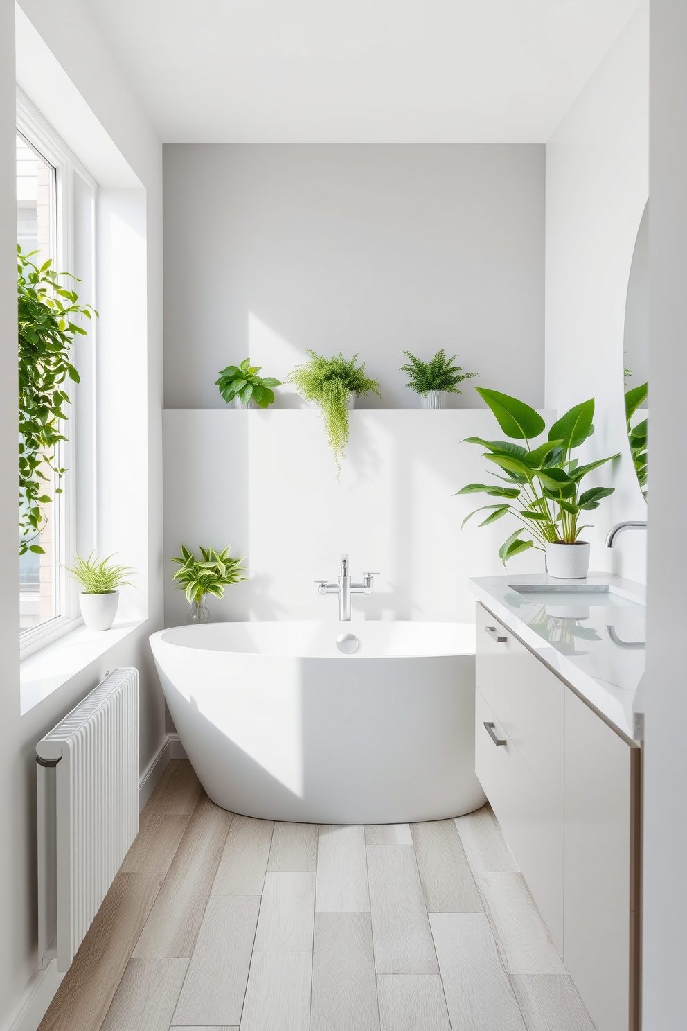 A serene 5x7 bathroom design featuring a sleek white bathtub positioned against a soft gray accent wall. Lush green plants are placed on the windowsill and in the corners, bringing a refreshing touch of nature to the space. The floor is adorned with light wood tiles that create warmth and contrast with the modern fixtures. A floating vanity with a quartz countertop provides ample storage while maintaining an open and airy feel.