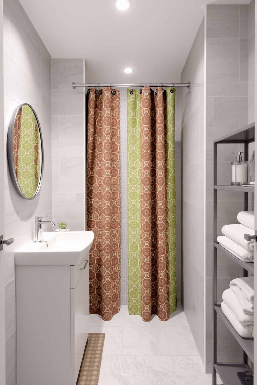 A modern 5x7 bathroom design featuring a sleek shower curtain instead of a door creates an open and airy feel. The walls are adorned with soft gray tiles, while a stylish white vanity with a round mirror adds a touch of elegance. The shower area is defined by a vibrant patterned curtain that complements the overall color scheme. A minimalist shelving unit holds neatly folded towels and decorative items, enhancing the room's functionality and aesthetic appeal.