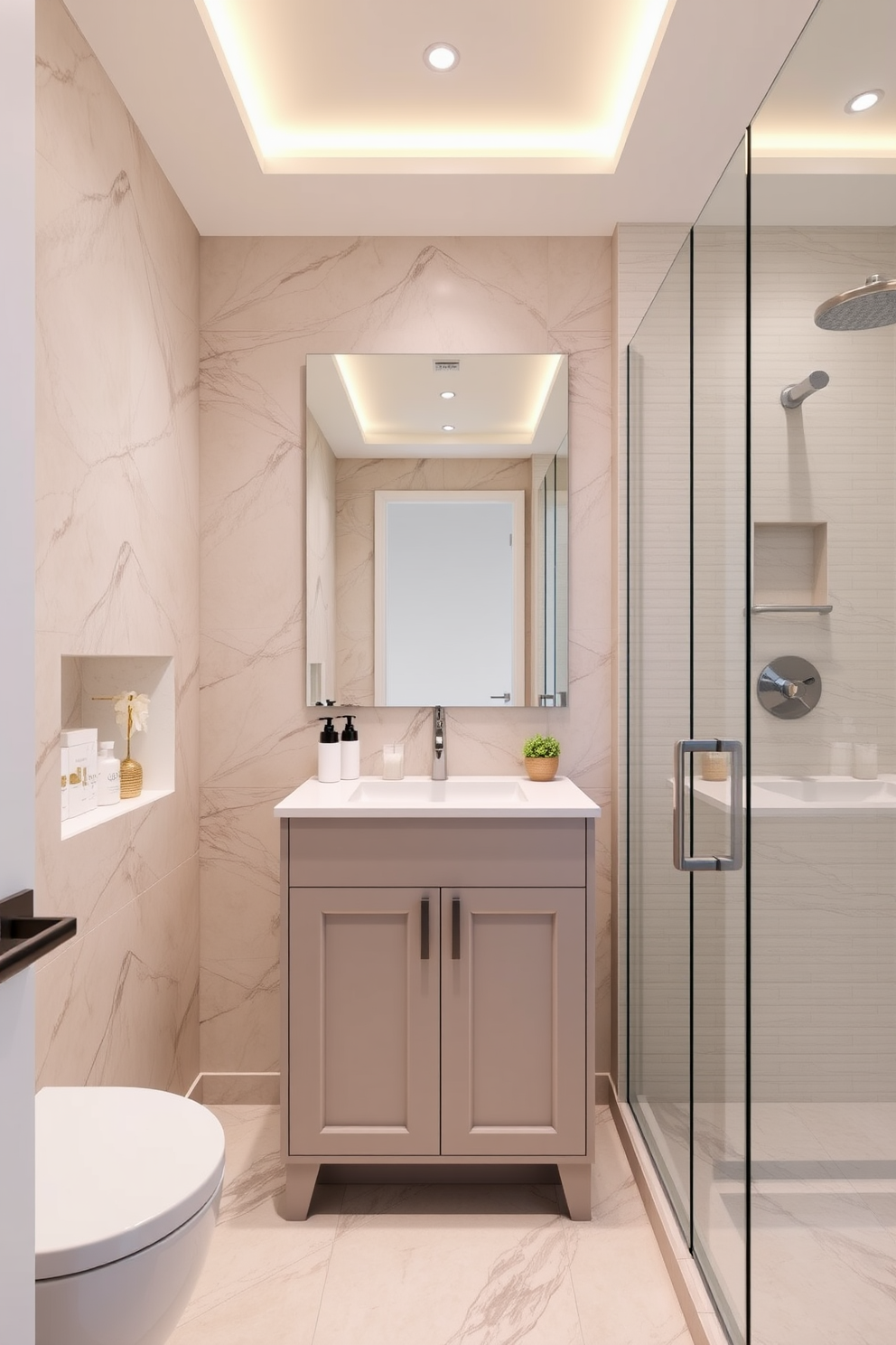 A serene 5x7 bathroom design featuring a sleek white bathtub positioned against a soft gray wall. To the left, a small wooden bench adds comfort and warmth, complemented by plush towels neatly arranged on top. The floor showcases elegant hexagonal tiles in a muted palette, providing visual interest without overwhelming the space. A large round mirror above the vanity reflects natural light, enhancing the airy atmosphere of the room.