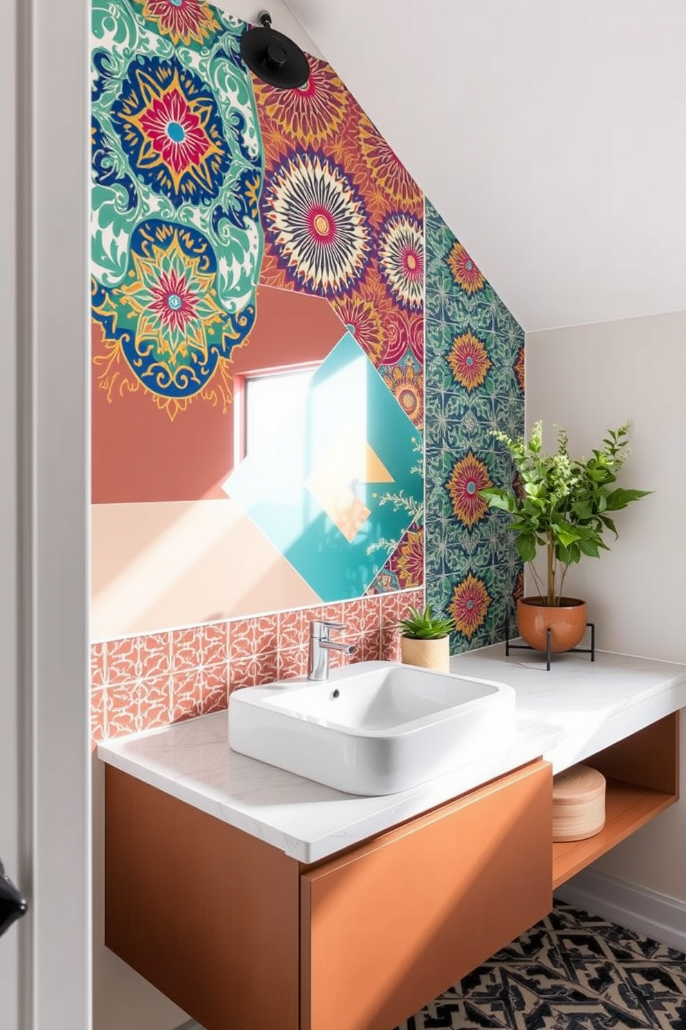 A vibrant 5x7 bathroom design featuring decorative tiles that add personality and flair. The walls are adorned with colorful patterned tiles, creating a lively backdrop for the space. A sleek white vanity with a quartz countertop sits against the tiled wall, complemented by a large round mirror with a brushed gold frame. Soft lighting fixtures hang above the vanity, casting a warm glow over the space.