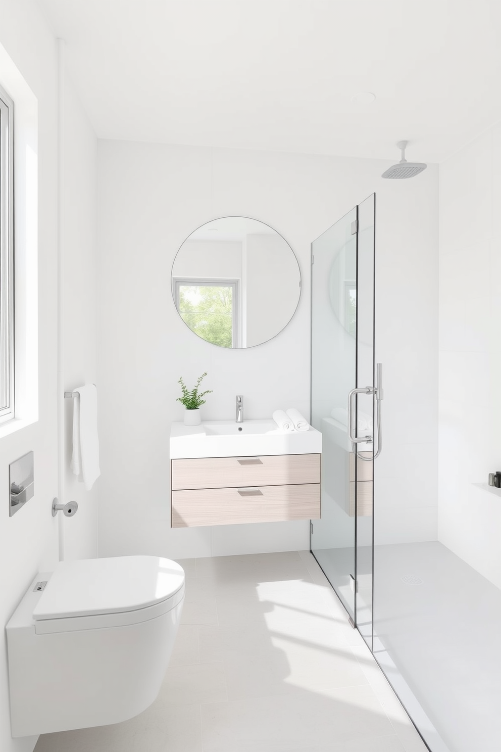 A bright and airy 5x7 bathroom featuring soft white walls and light gray tiles that create a serene atmosphere. The space includes a sleek floating vanity with a light wood finish and a large round mirror that reflects natural light. Incorporate a spacious walk-in shower with clear glass doors and a rainfall showerhead for a modern touch. Add fluffy white towels and a small potted plant on the vanity to bring a touch of nature indoors.