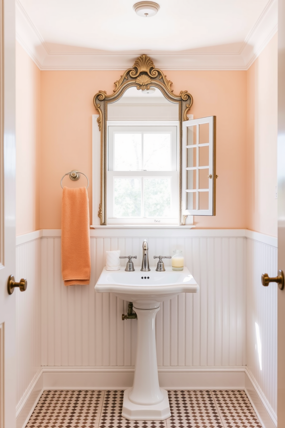 A classic 5x7 bathroom design featuring a pedestal sink that exudes timeless elegance. The walls are adorned with soft white beadboard wainscoting, complemented by a delicate pastel color above. Natural light floods the space through a vintage-style window, enhancing the warm ambiance. A vintage mirror with ornate detailing hangs above the sink, framed by soft, fluffy towels in coordinating colors.