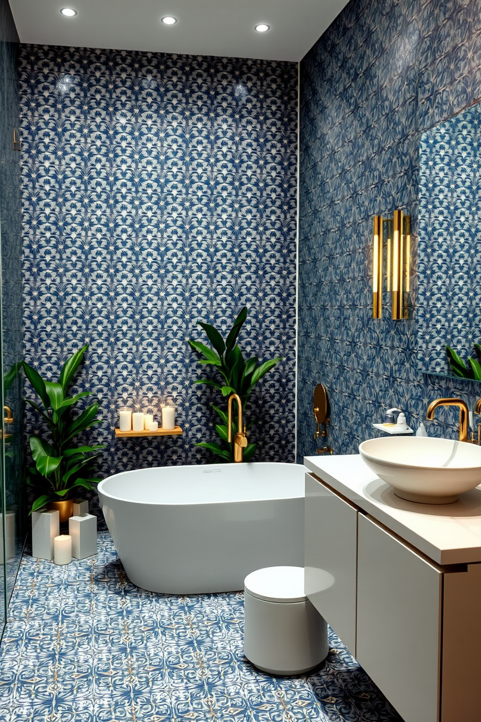 A stylish 5x7 bathroom featuring patterned tiles that create a vibrant focal point. The space includes a sleek freestanding bathtub surrounded by lush greenery and decorative candles for a tranquil atmosphere. Incorporate a modern vanity with a vessel sink and gold fixtures, complemented by a large, frameless mirror that enhances the sense of space. Soft, ambient lighting illuminates the room, highlighting the intricate tile patterns and creating a warm, inviting glow.