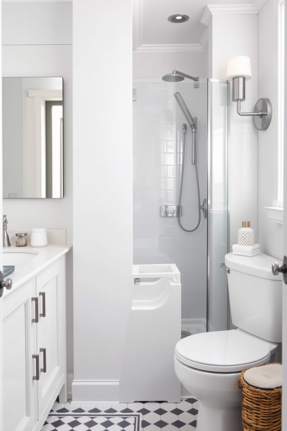 A modern 5x7 bathroom featuring a sleek pocket door that seamlessly blends into the wall when closed. The design includes a compact vanity with a quartz countertop and a stylish undermount sink, maximizing the use of space while maintaining elegance. The walls are adorned with light gray tiles that create a soothing atmosphere, complemented by a large mirror that reflects natural light. A minimalist shower with a glass enclosure sits opposite the vanity, enhancing the open feel of the room.