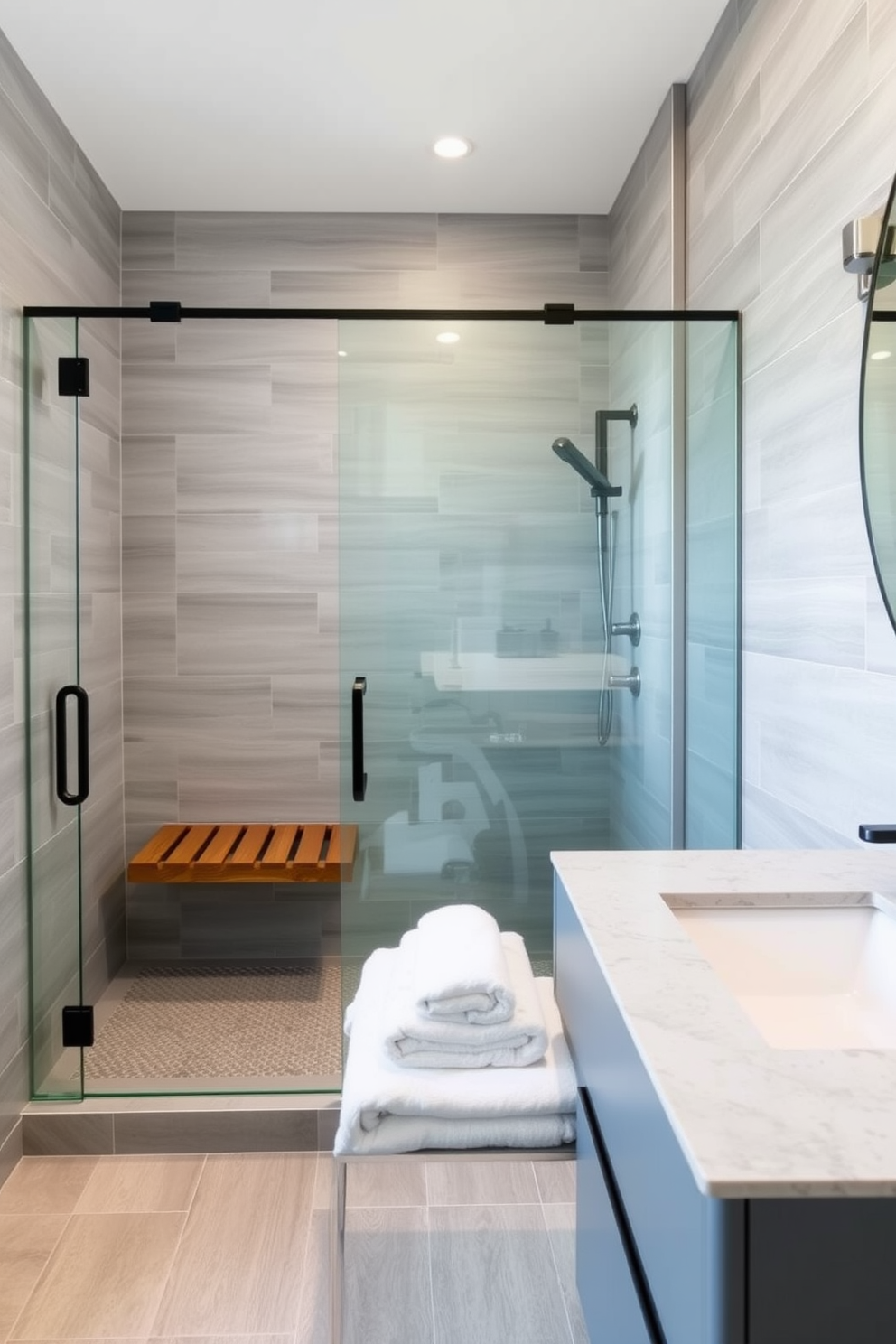 A modern 5x7 bathroom design featuring a statement light fixture that hangs elegantly above the double sinks. The walls are adorned with soft gray tiles, and the floor is finished with sleek white marble for a clean and sophisticated look.