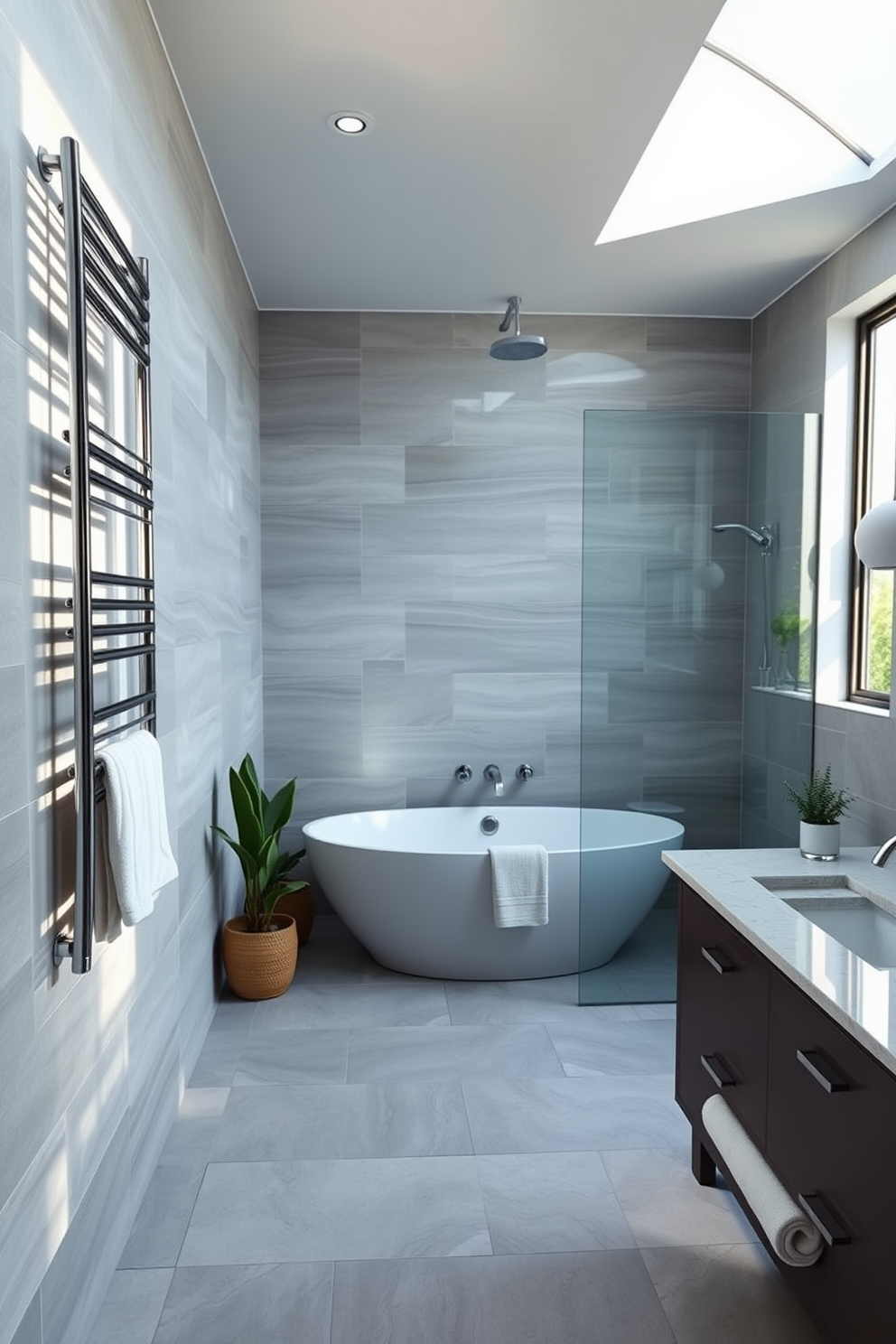 A luxurious 5x7 bathroom featuring a heated towel rack elegantly mounted on the wall. The space boasts a sleek freestanding bathtub, complemented by a modern shower with glass doors and designer fixtures. The walls are adorned with soft gray tiles, creating a calming atmosphere. A stylish double vanity with a quartz countertop provides ample storage and a touch of sophistication. Natural light floods the room through a large window, enhancing the airy feel. Decorative plants and plush towels add warmth and comfort to the overall design.