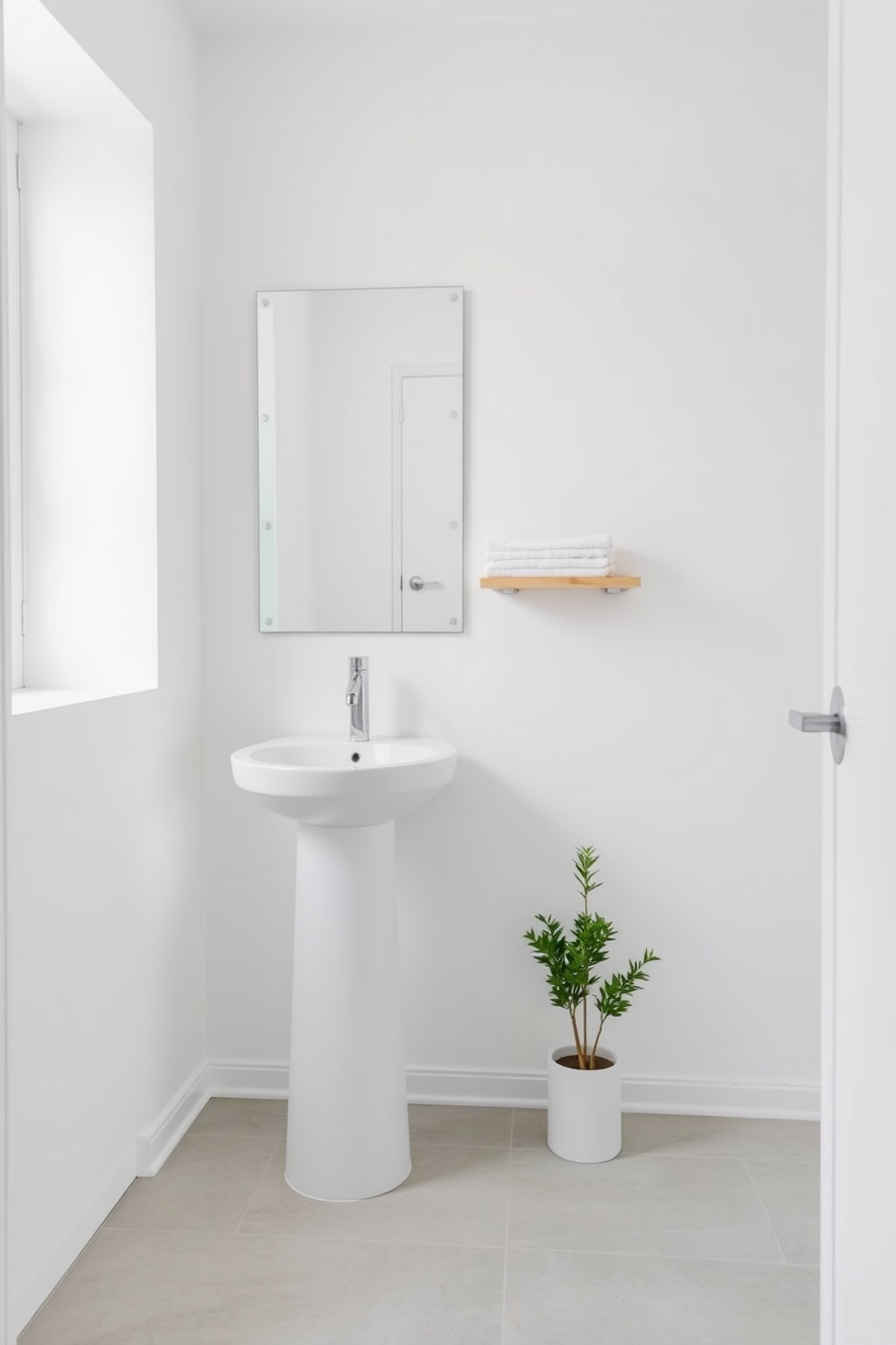 A modern 5x7 bathroom design featuring a built-in niche for toiletries seamlessly integrated into the wall. The space showcases sleek white tiles with subtle gray veining, complemented by a floating vanity with a polished stone countertop and a contemporary faucet. The shower area is enclosed with clear glass, allowing natural light to flood the room. Soft, ambient lighting highlights the niche, which is adorned with neatly arranged toiletries and a small potted plant for a touch of greenery.