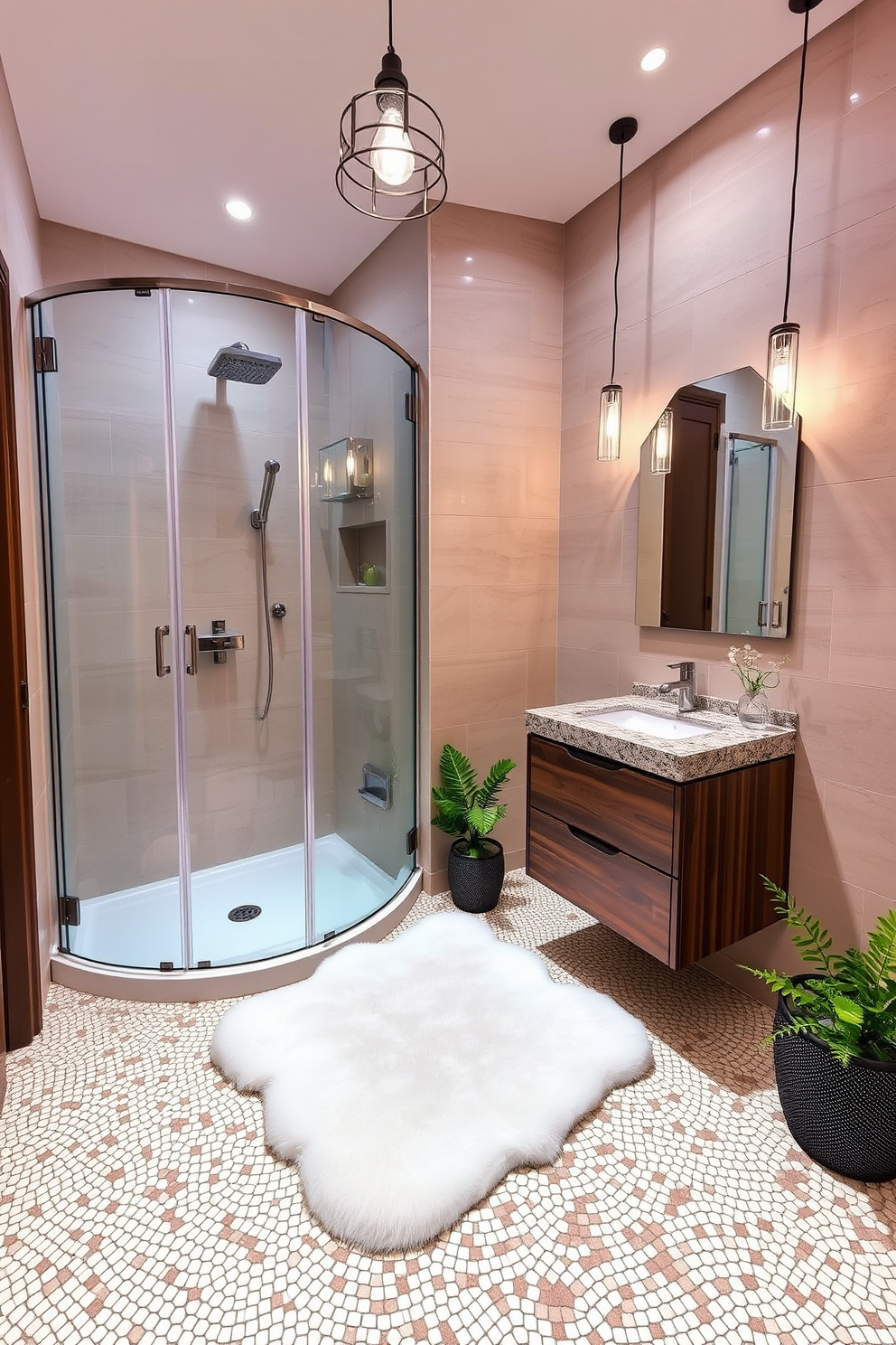 A luxurious 5x7 bathroom design featuring a corner shower unit with sleek glass doors and modern fixtures. The space includes a stylish wooden vanity topped with a polished granite countertop, complemented by elegant pendant lighting hanging above. The walls are adorned with soft beige tiles that create a warm ambiance, while the floor showcases a chic mosaic pattern. A plush white bath mat is placed in front of the shower, and decorative plants are strategically positioned to enhance the overall aesthetic.