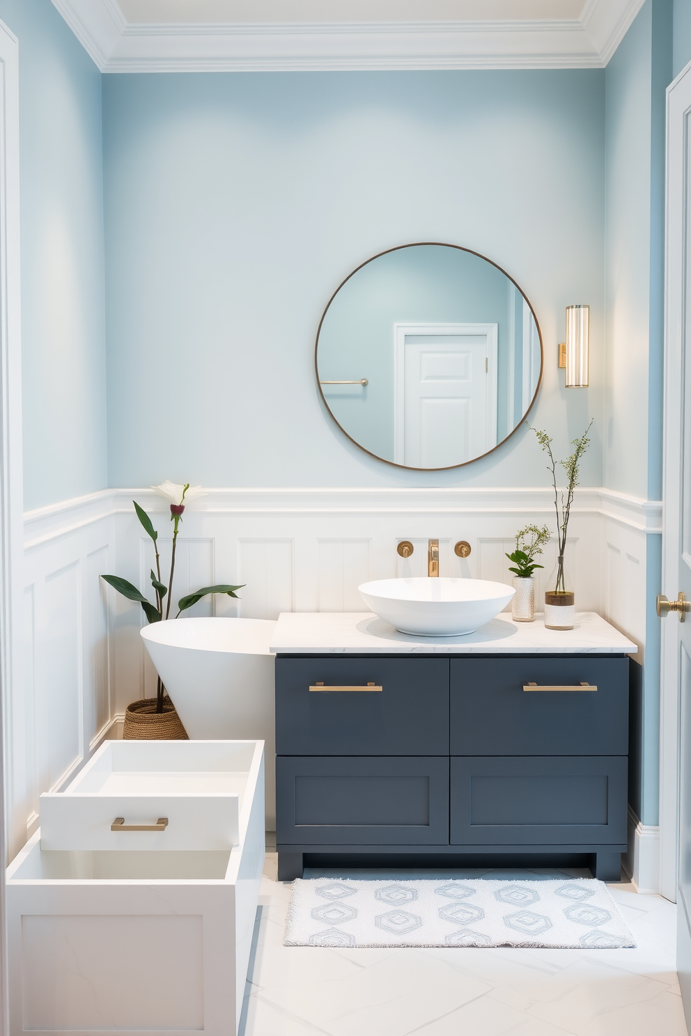 A serene bathroom design featuring soft-close drawers for convenience. The space includes a freestanding soaking tub surrounded by elegant plants and soft lighting. The walls are painted in a calming light blue, complemented by white wainscoting. A sleek, modern vanity with a quartz countertop holds a stylish vessel sink and a large round mirror above it.