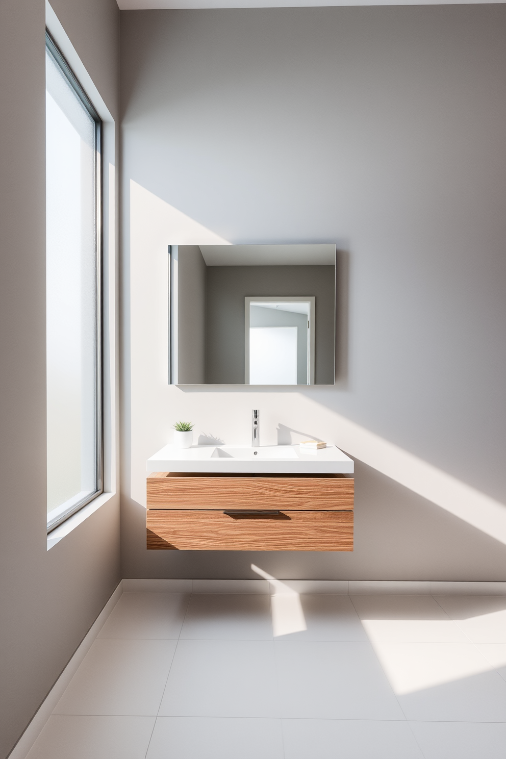 A modern bathroom featuring a floating vanity to enhance the sense of openness. The walls are painted in a soft gray, complemented by sleek white tiles on the floor. A large frameless mirror hangs above the vanity, creating a seamless look. Natural light floods the space through a frosted window, illuminating the minimalist decor.