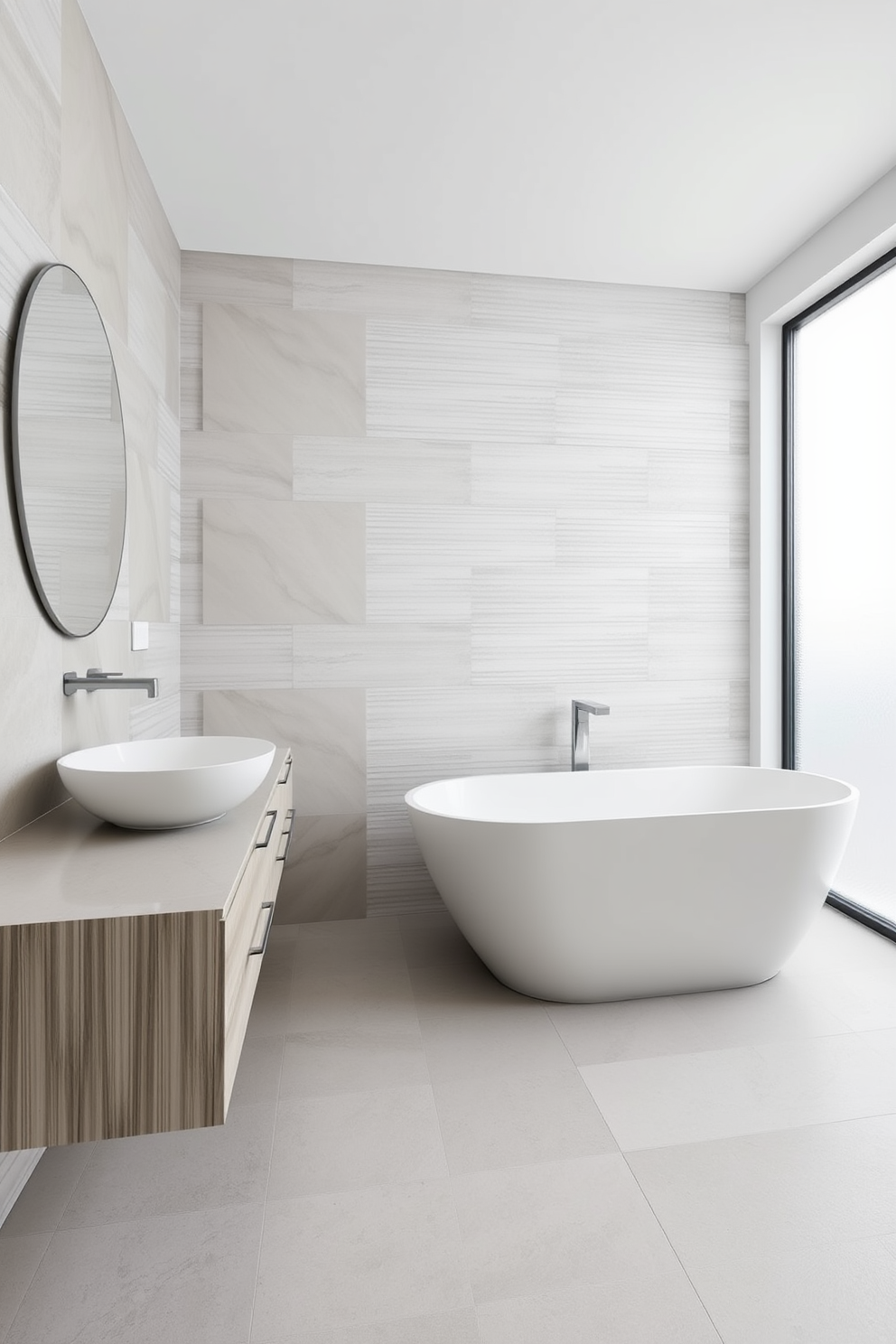 A modern 5x7 bathroom featuring large format tiles that create an illusion of spaciousness. The color palette consists of soft grays and whites, with a sleek freestanding tub positioned against a feature wall of textured tiles. A minimalist vanity with a floating design is adorned with a vessel sink and contemporary fixtures. Natural light floods the space through a frosted window, enhancing the airy feel of the room.