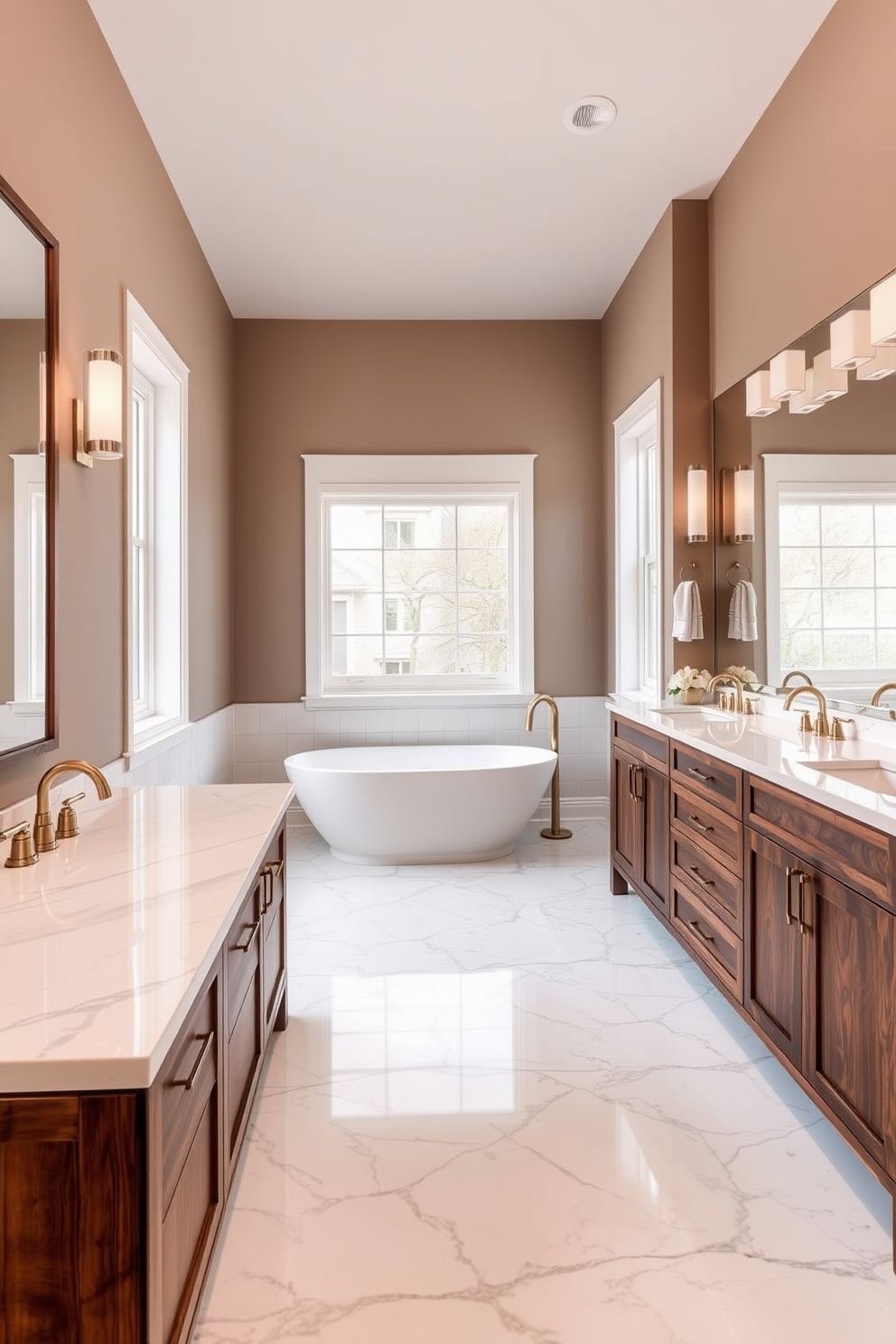 A luxurious bathroom featuring a large 5x7 layout with a freestanding soaking tub positioned near a window. The walls are painted in a soft taupe, and the floor is adorned with elegant marble tiles that reflect the natural light. Incorporate a large mirror above the double vanity to enhance the sense of space and depth. The vanity is crafted from rich walnut wood with a white quartz countertop, complemented by stylish gold fixtures.