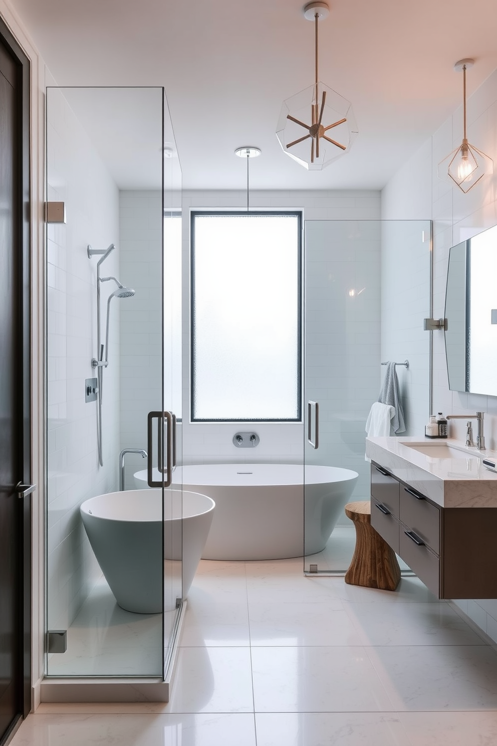 A serene bathroom oasis with a spacious layout. Natural light floods the area through large skylights, illuminating the elegant fixtures and finishes. The centerpiece is a freestanding soaking tub positioned under the skylights. Surrounding the tub are lush plants that add a touch of nature and tranquility to the space. A sleek double vanity features a quartz countertop and modern faucets. The walls are adorned with soft, neutral tones that complement the warm wood accents throughout the room. The flooring consists of large-format tiles in a calming gray hue. A plush area rug adds warmth and comfort, creating an inviting atmosphere for relaxation.