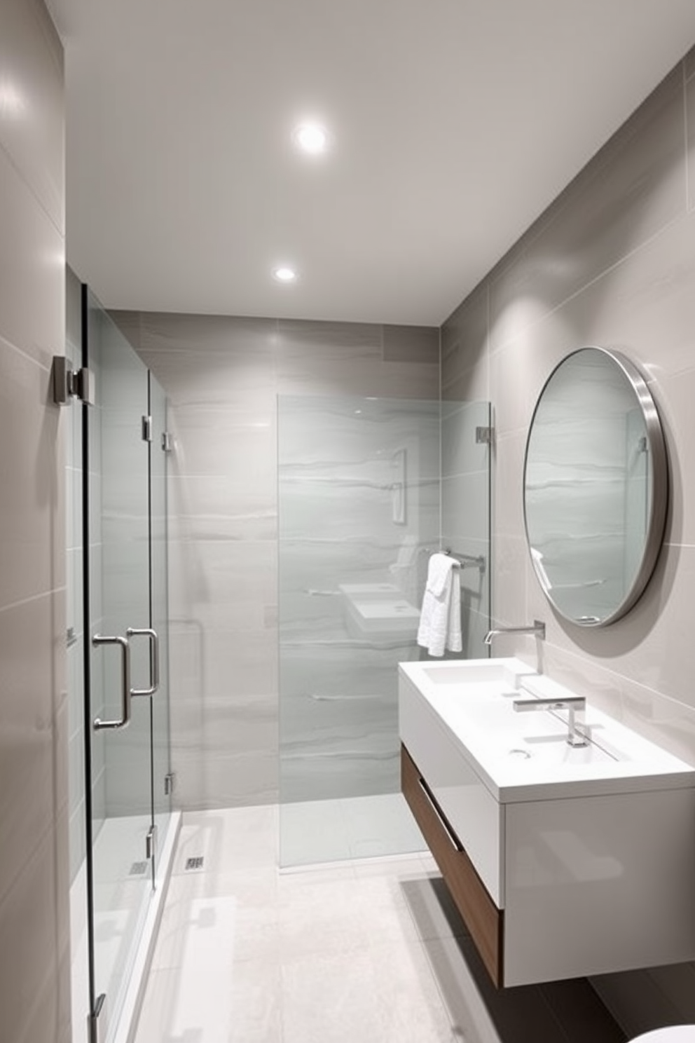 A modern bathroom design featuring a spacious shower with glass doors and sleek chrome fixtures. The walls are adorned with large format tiles in a soft gray tone, complemented by a floating vanity with a white quartz countertop. Recessed lighting illuminates the space, creating a warm and inviting atmosphere. A large round mirror hangs above the vanity, enhancing the sense of openness in this elegant 5x7 bathroom layout.